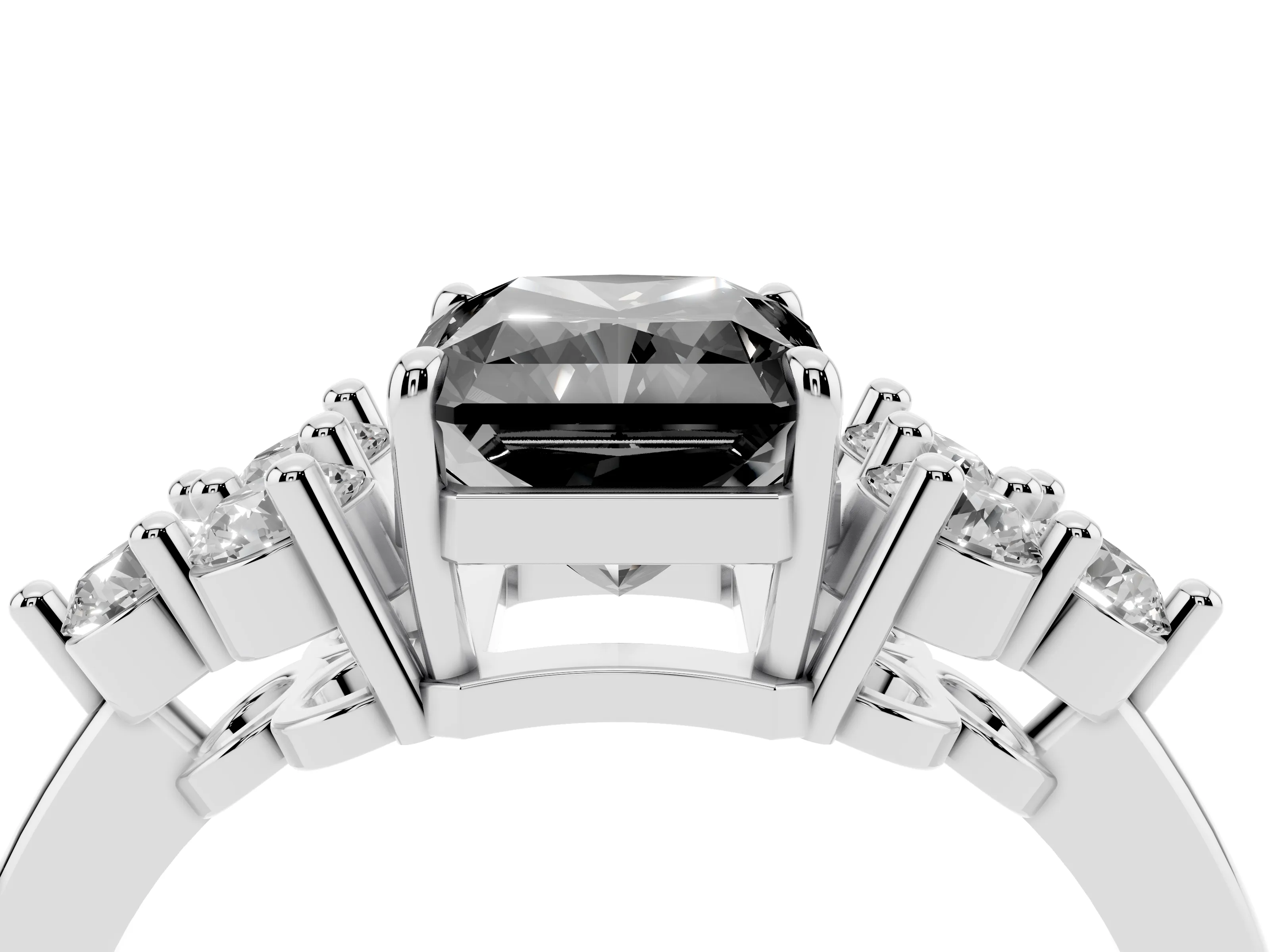 Fancy Black Radiant Cut Diamond Solitaire Ring Set in White gold with Cluster Accents on Each Side