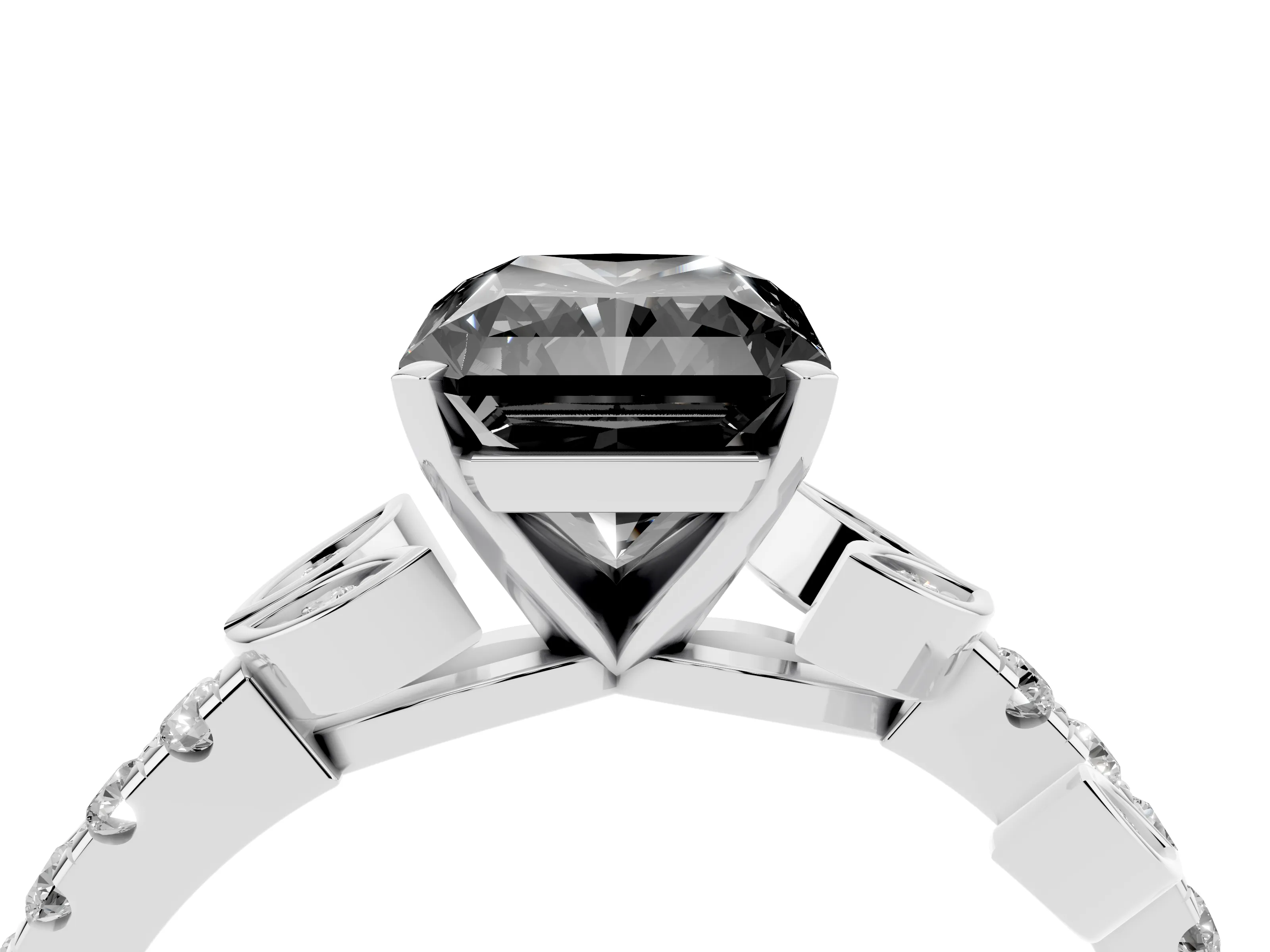 Fancy Black Radiant Cut Diamond Solitaire Leaf-Inspired Ring Set in White gold with Pavé Band and Prong Setting