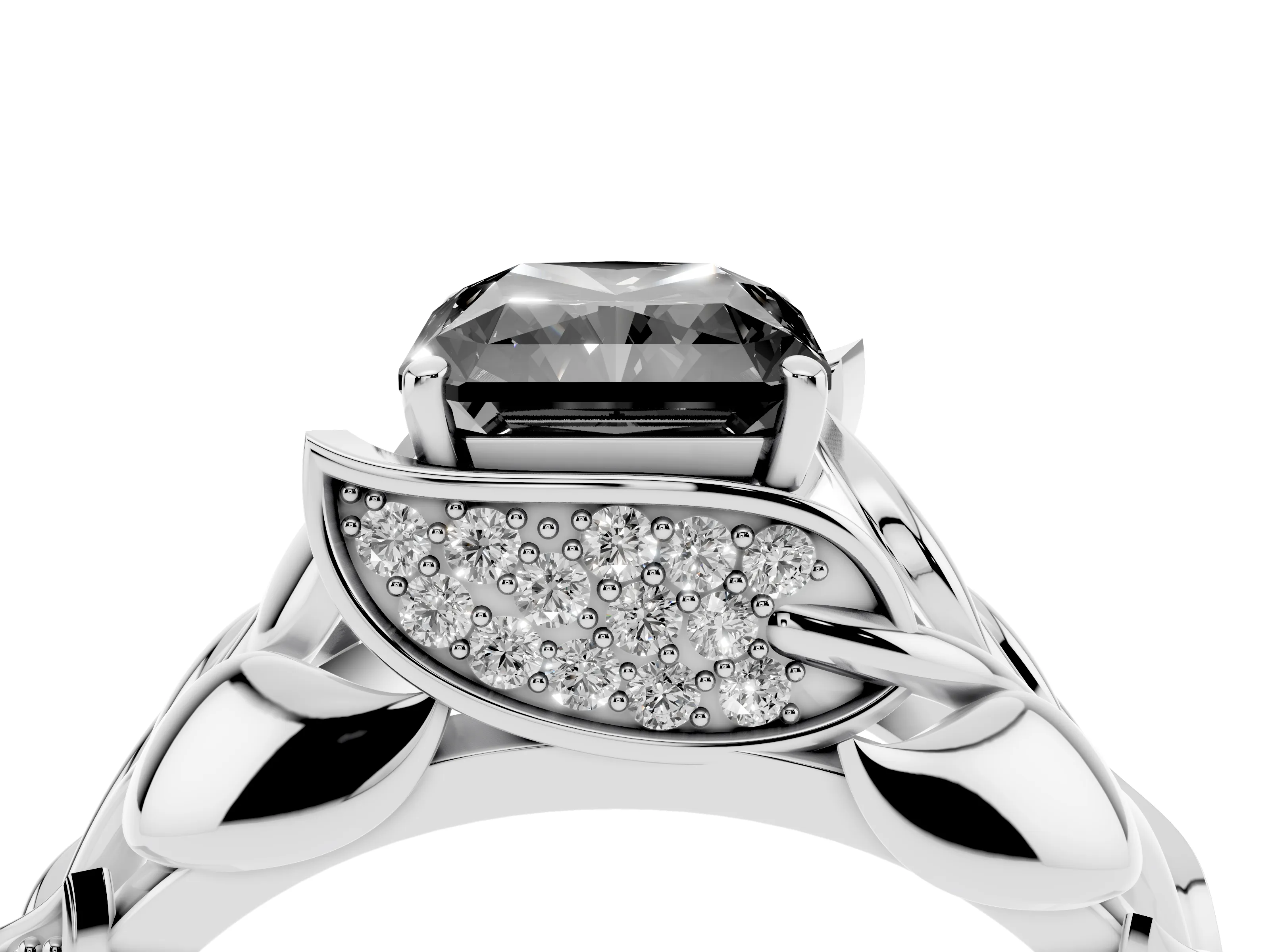 Fancy Black Radiant Cut Diamond Leaf-Inspired Engagement Ring Set in Platinum with Round Accents
