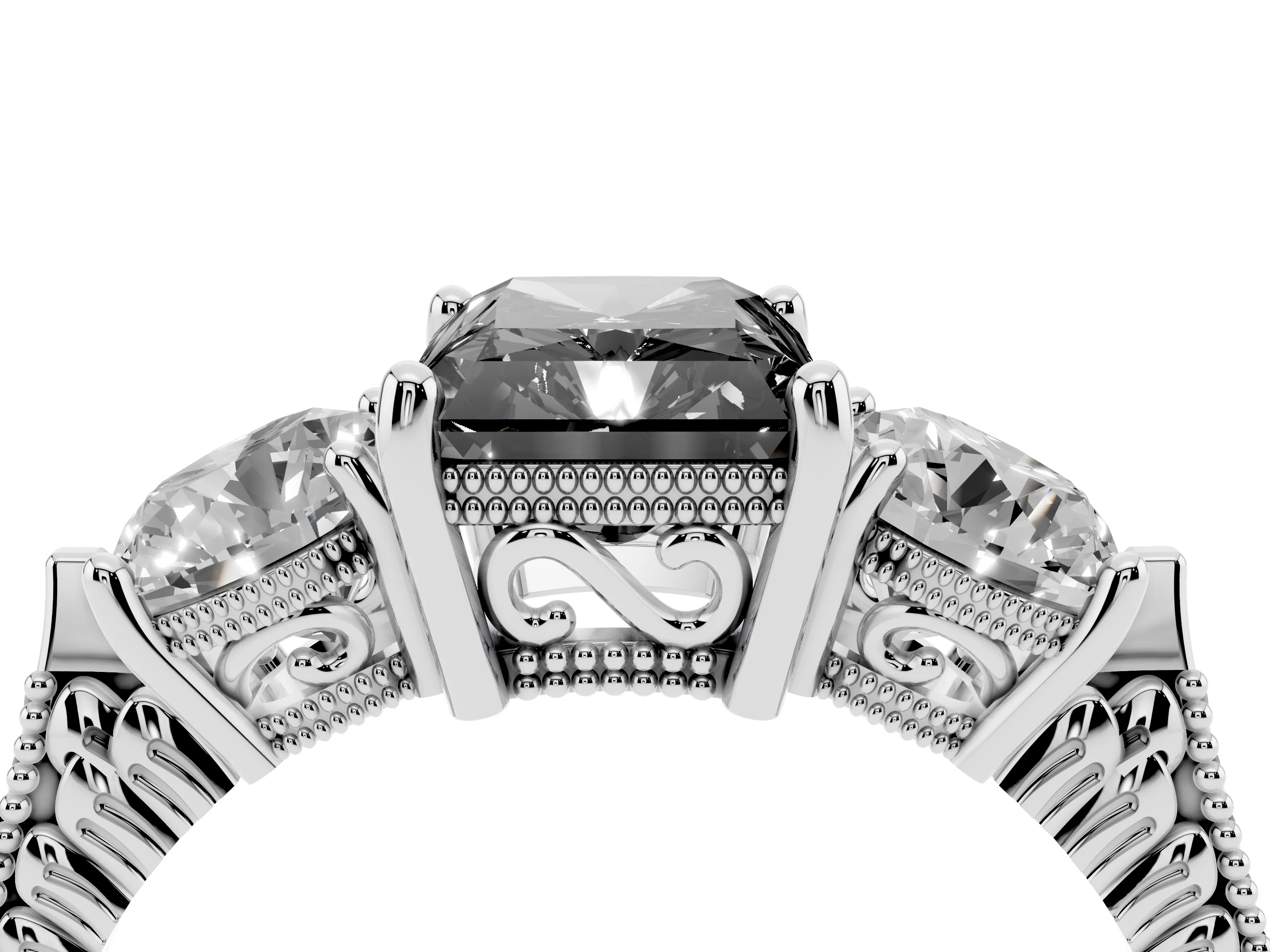 Fancy Black Radiant Cut Diamond Three-Stone Ring Set in White gold with Milgrain Band