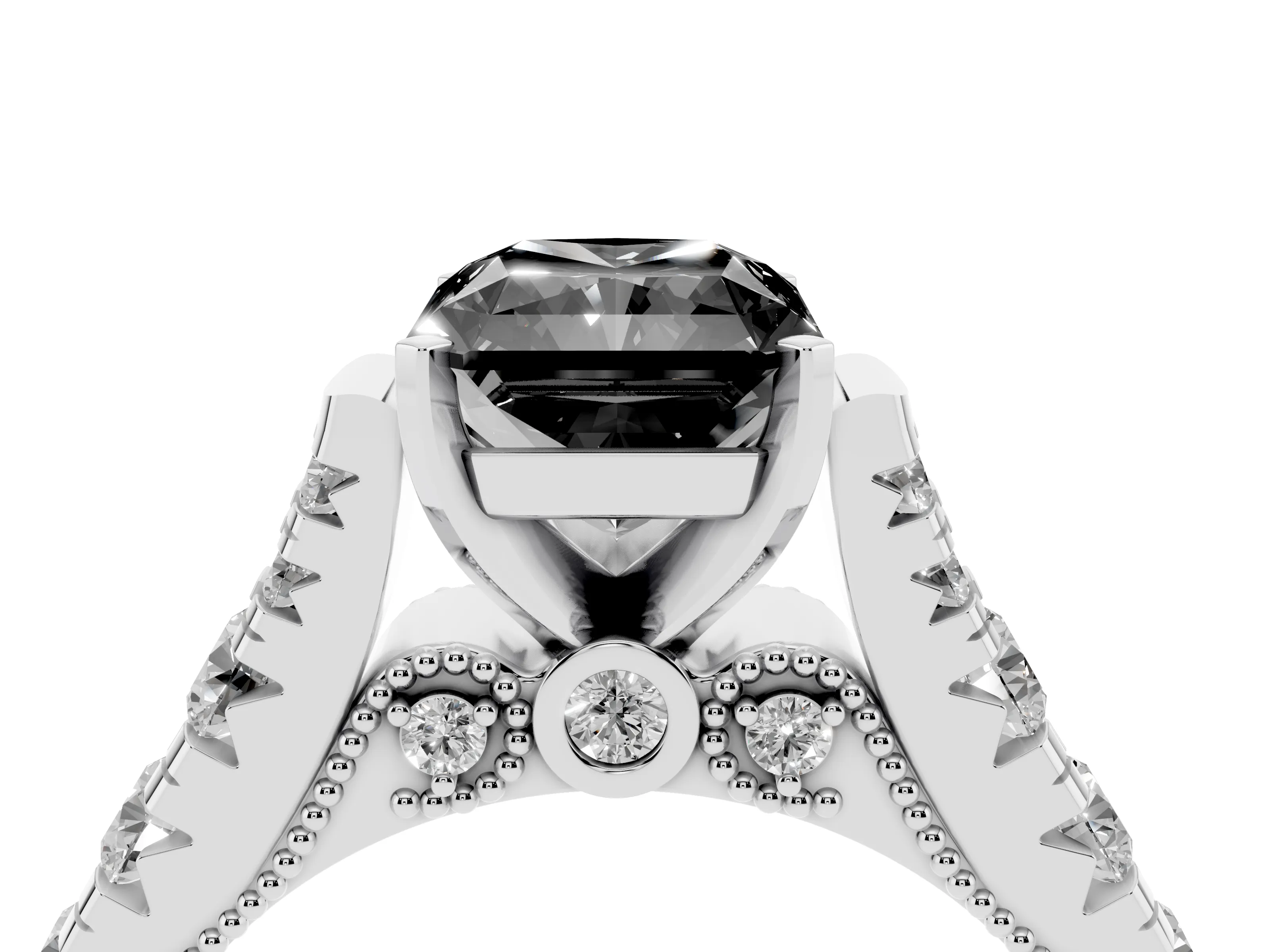 Fancy Black Radiant Cut Diamond Classic Solitaire Ring Set in Silver with Pavé Band and Prong Setting