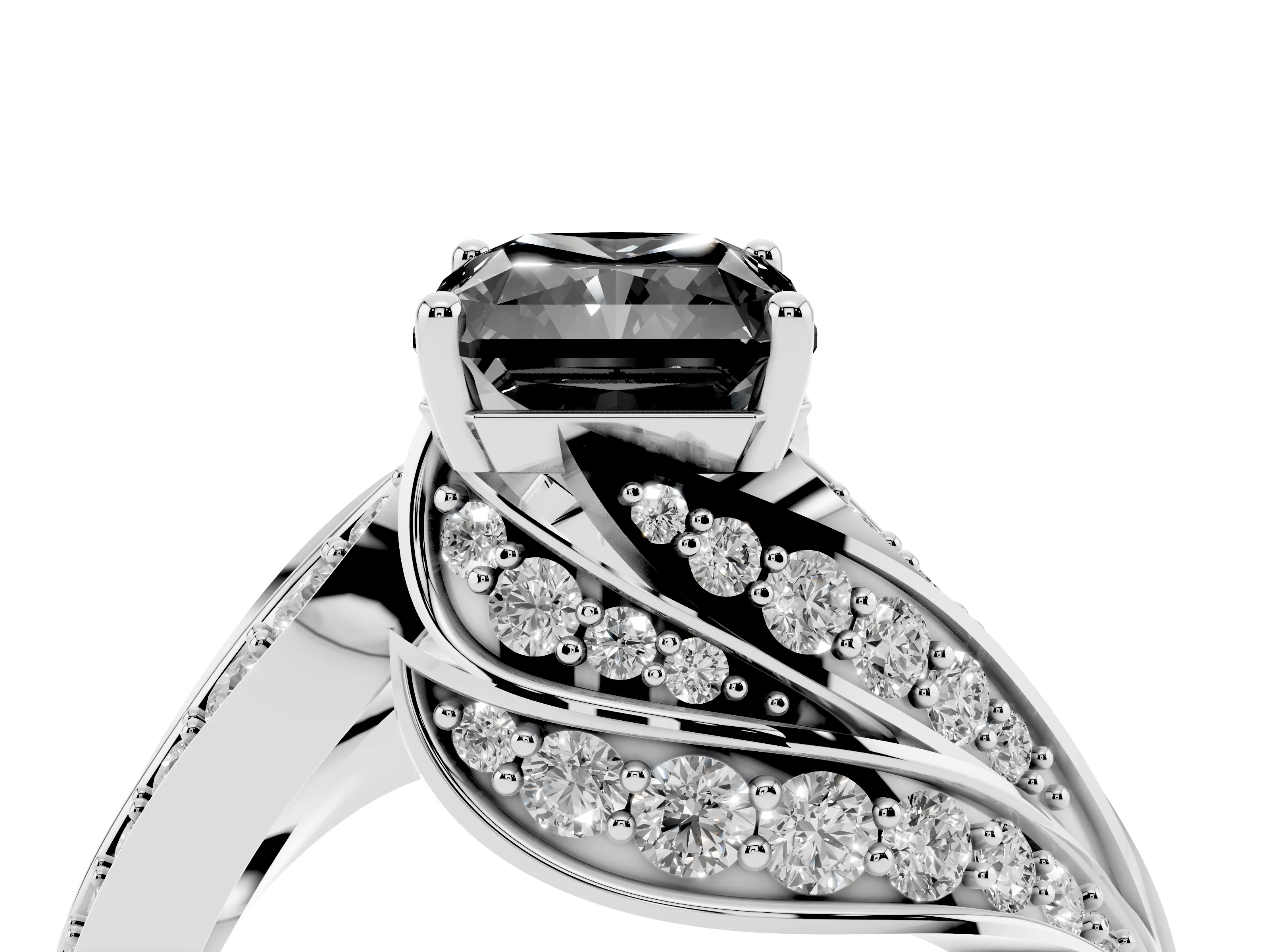 Fancy Black Radiant Cut Diamond Solitaire Ring Set in White gold with Layered Twist Pavé Band