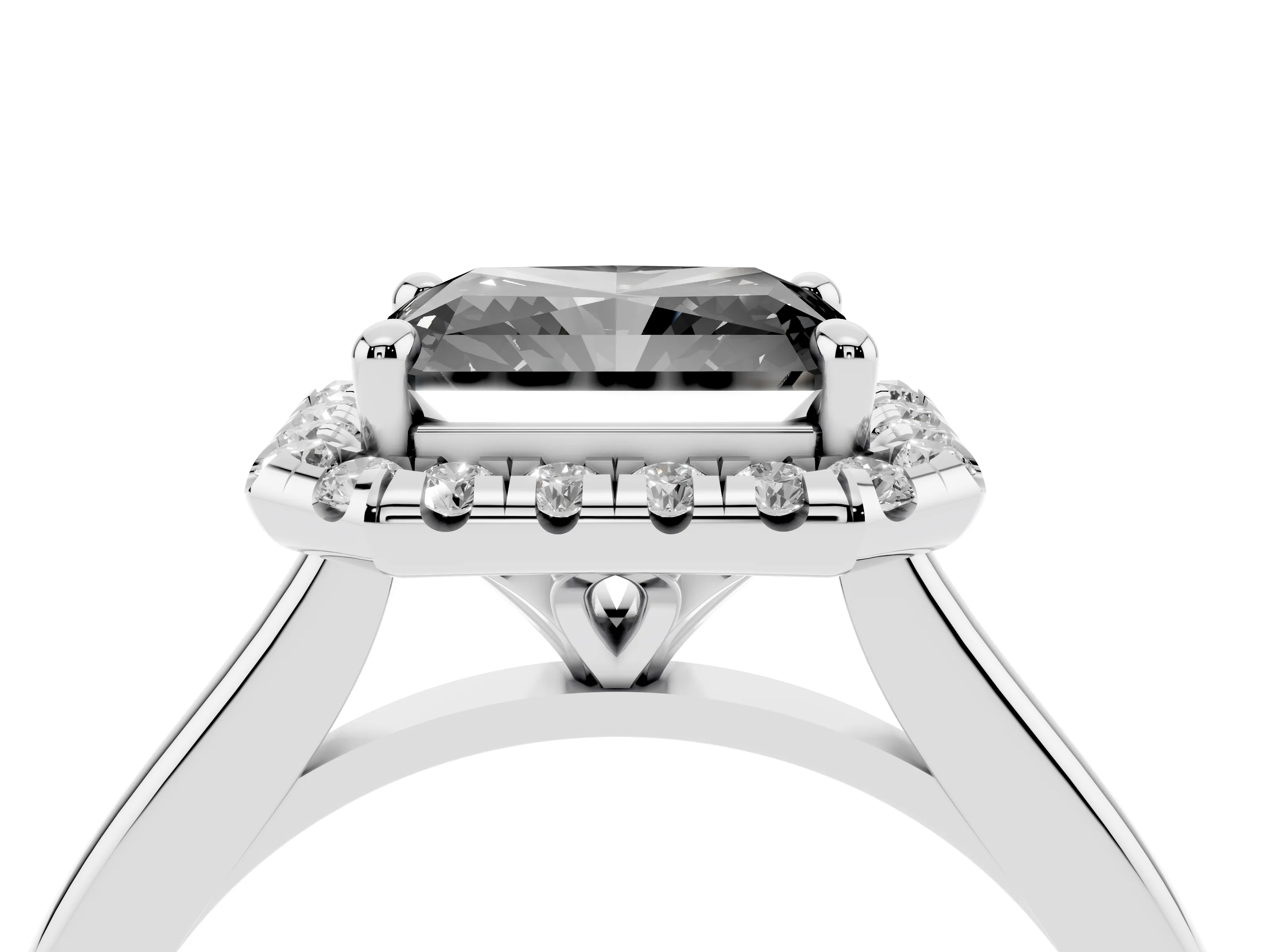 Fancy Black Radiant Cut Diamond Halo Engagement Ring Set in Silver with Pavé Band and Rising Shoulders