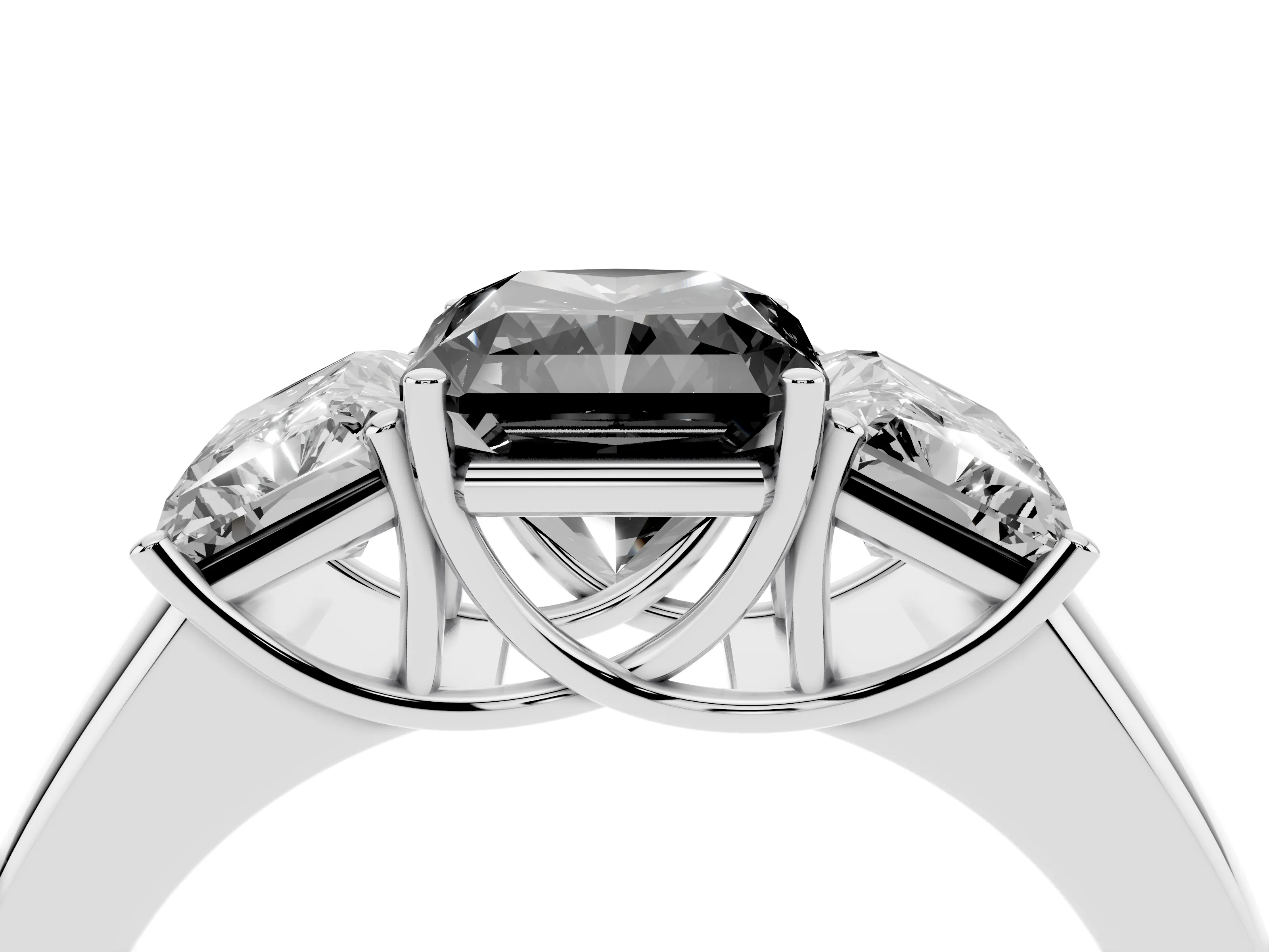 Fancy Black Three-Stone Radiant Cut Diamond Ring Set in Silver with Matching Prong Settings and Plain Band