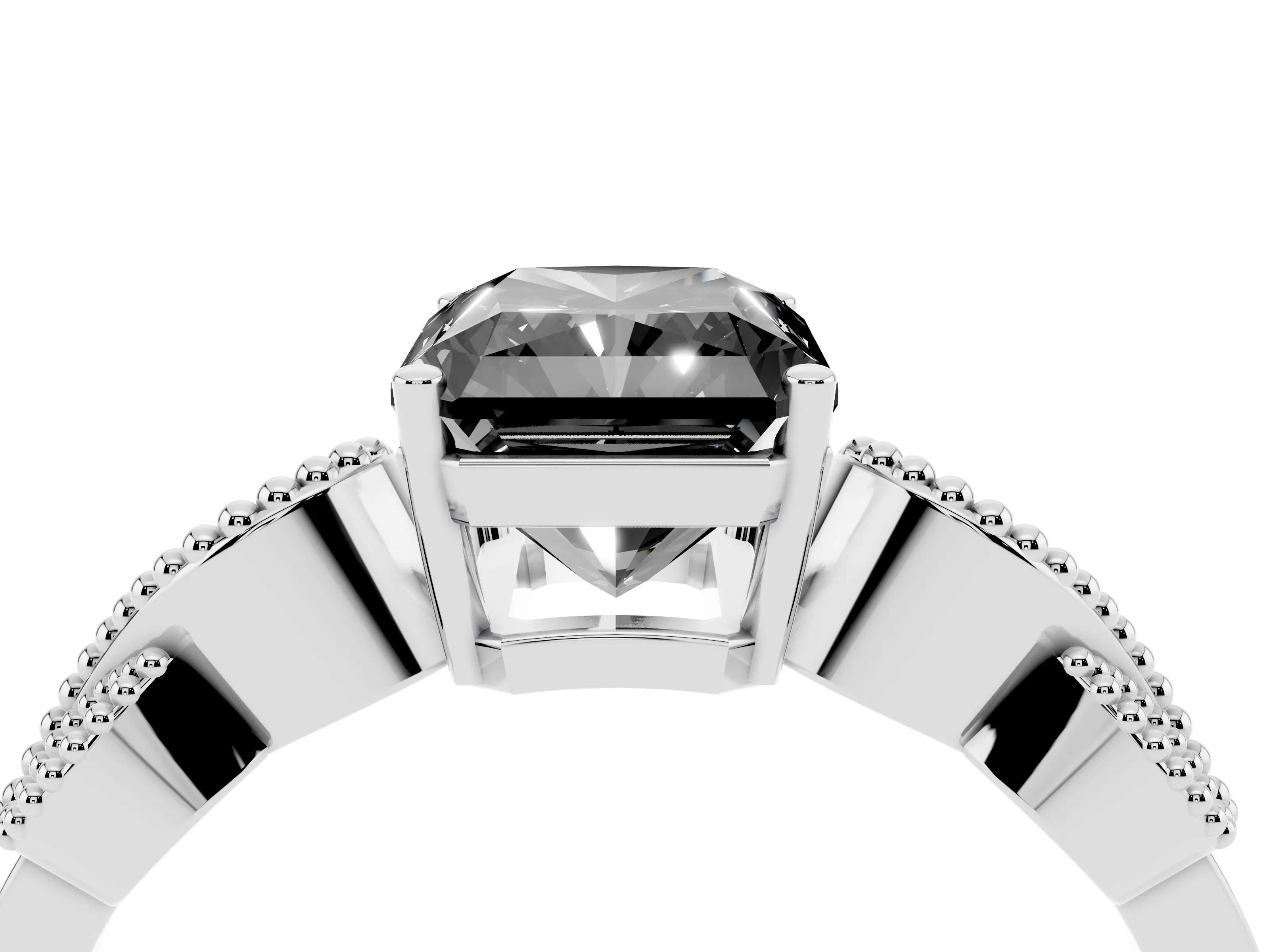 Fancy Black Radiant Cut Diamond Milgrain Leaf Band Solitaire Ring Set in White gold with Accent Stones and Prong Setting