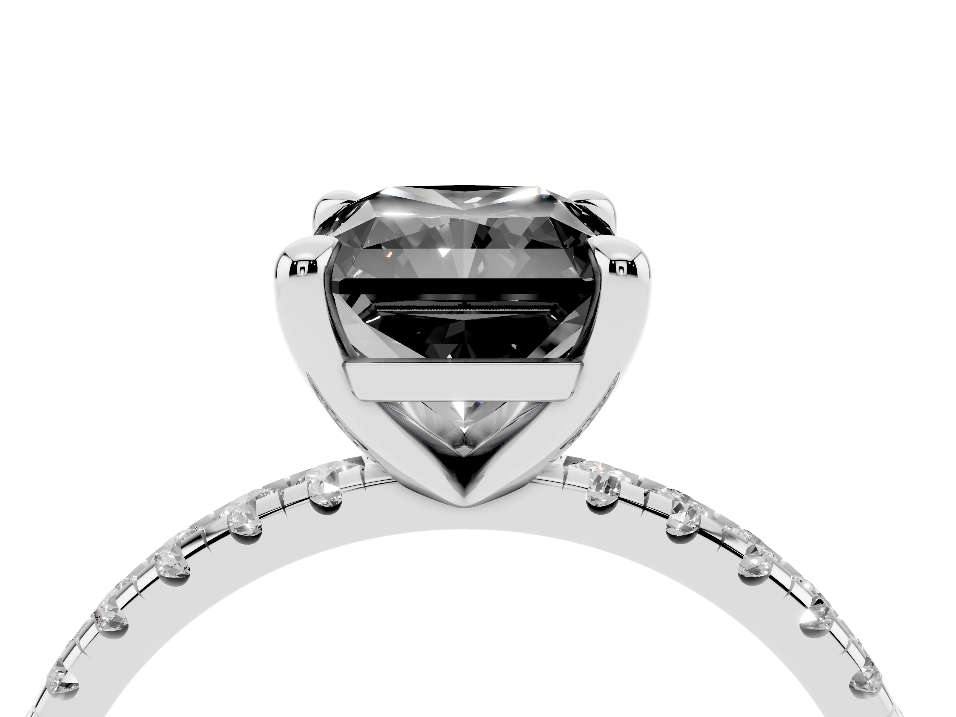 Fancy Black Radiant Cut Diamond Brilliant Solitaire Ring Set in Platinum with Pavé Band and Prong Setting