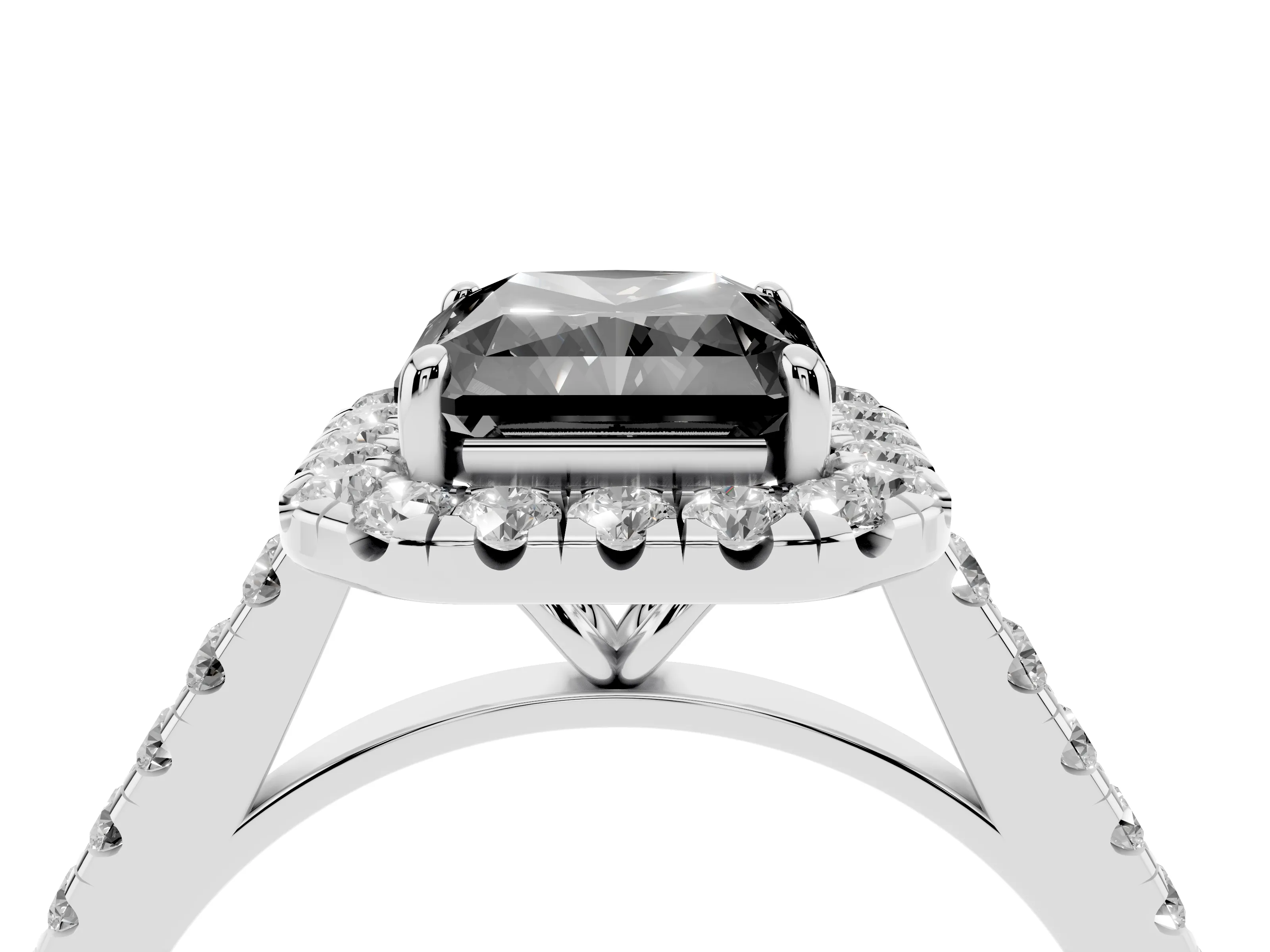 Fancy Black Radiant Cut Diamond Halo Pavé Engagement Ring Set in Silver with Prong Setting