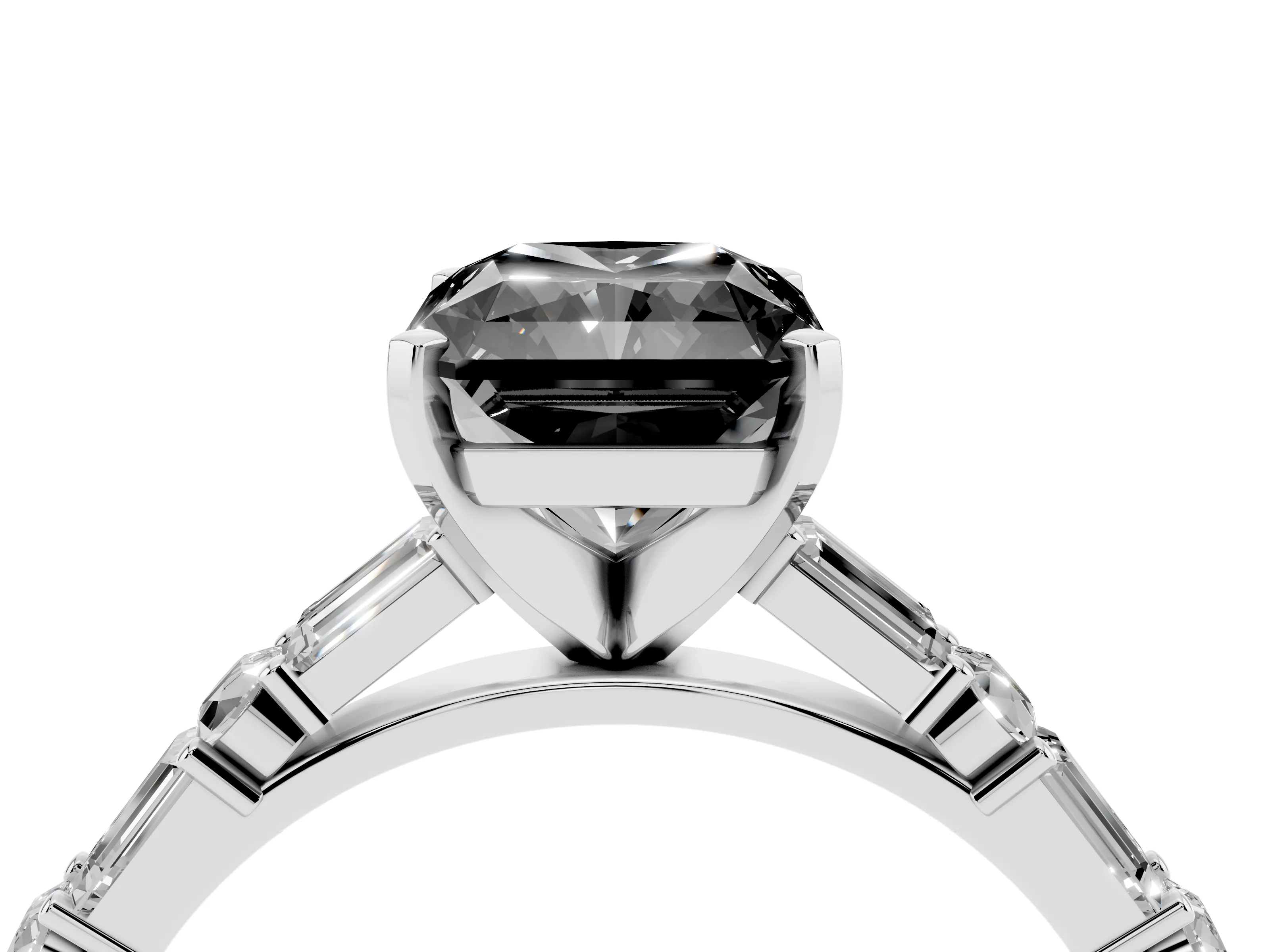 Fancy Black Radiant Cut Diamond Solitaire Set in Silver with Side Baguettes and Channel Set Band