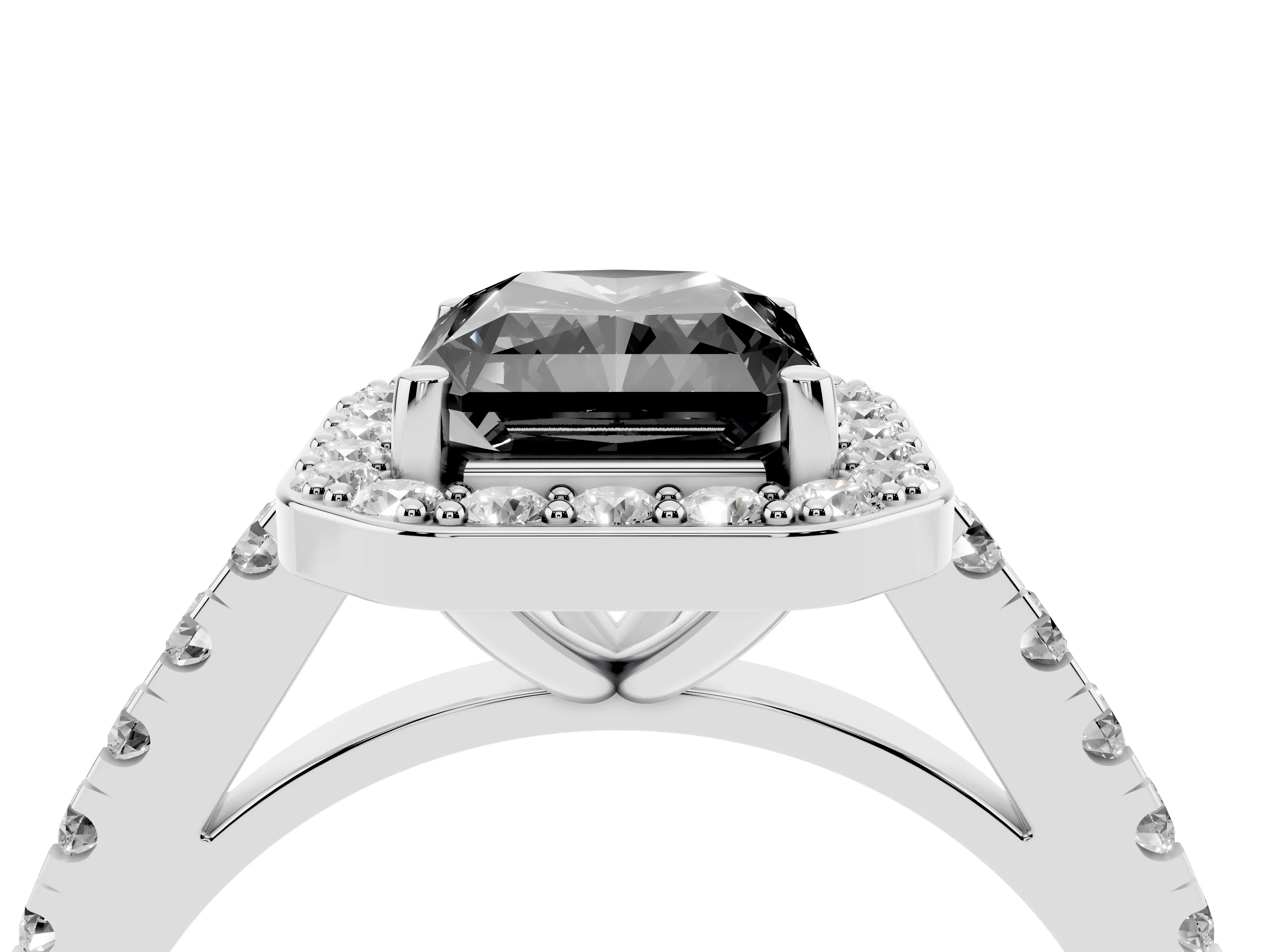 Fancy Black Radiant Cut Diamond Halo Ring Set in Silver with Round Pavé Split Shank and Prong Setting