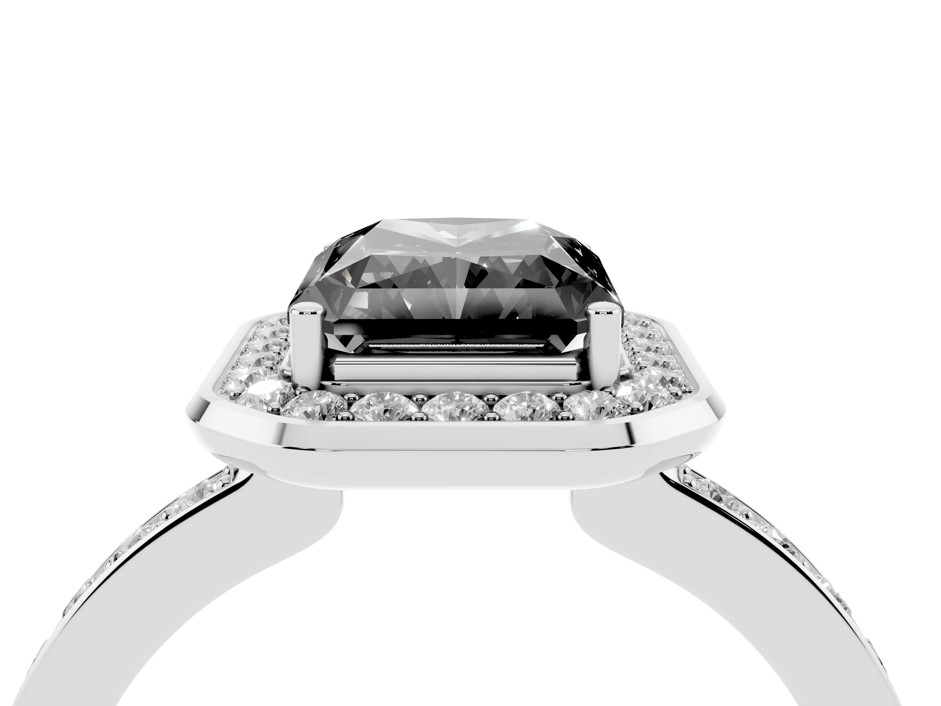 Fancy Black Radiant Cut Diamond Halo Ring Set in Platinum with Bezel Frame and Pavé Band