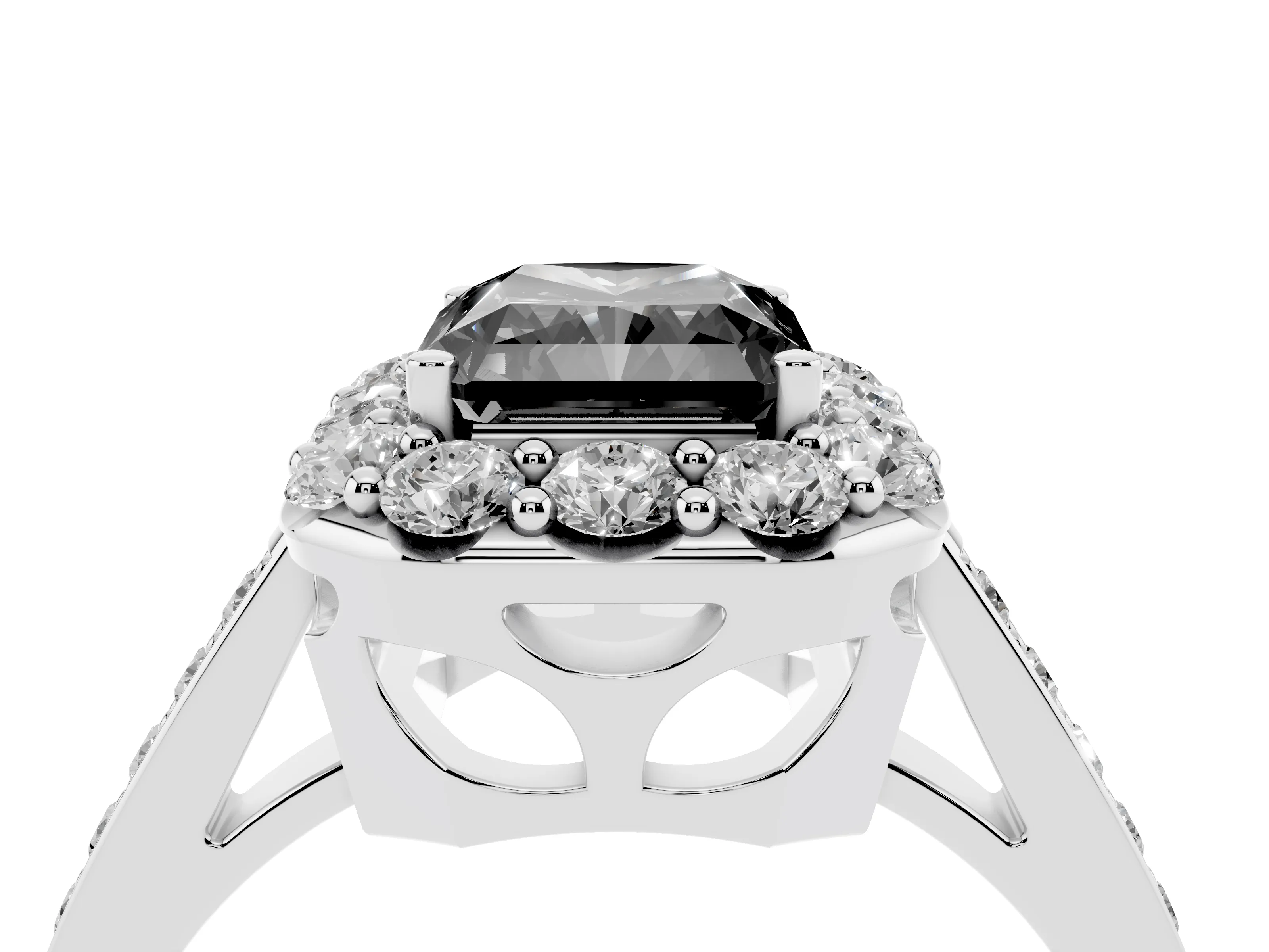 Fancy Black Radiant Cut Diamond Floral Halo Ring Set in Platinum with Pavé Band and Prong Setting