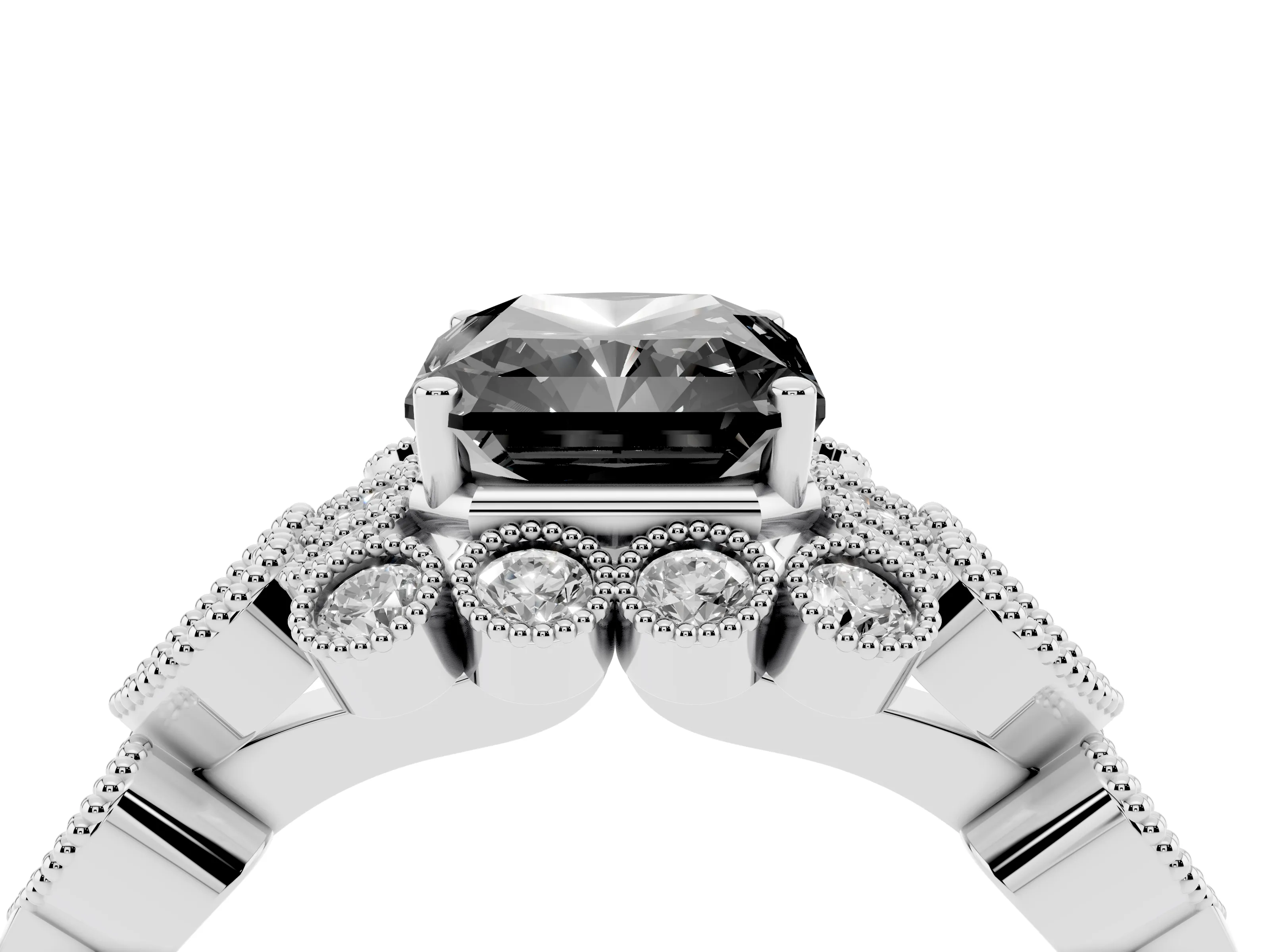 Fancy Black Radiant Cut Diamond Solitaire Ring Set in White gold with Milgrain Pavé Heart Band