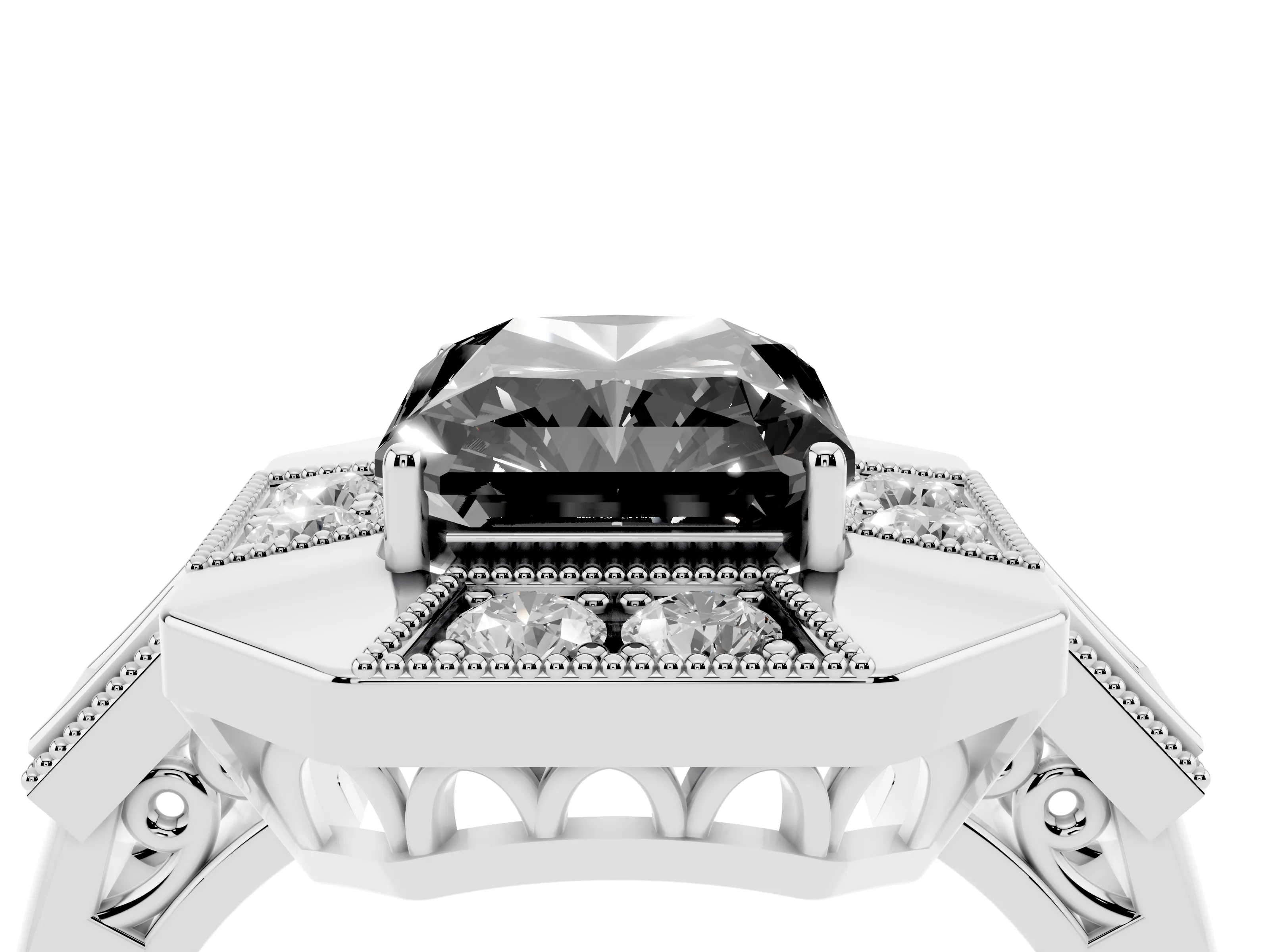 Fancy Black Radiant Cut Diamond Milgrain Halo Ring Set in Silver with Split Shank