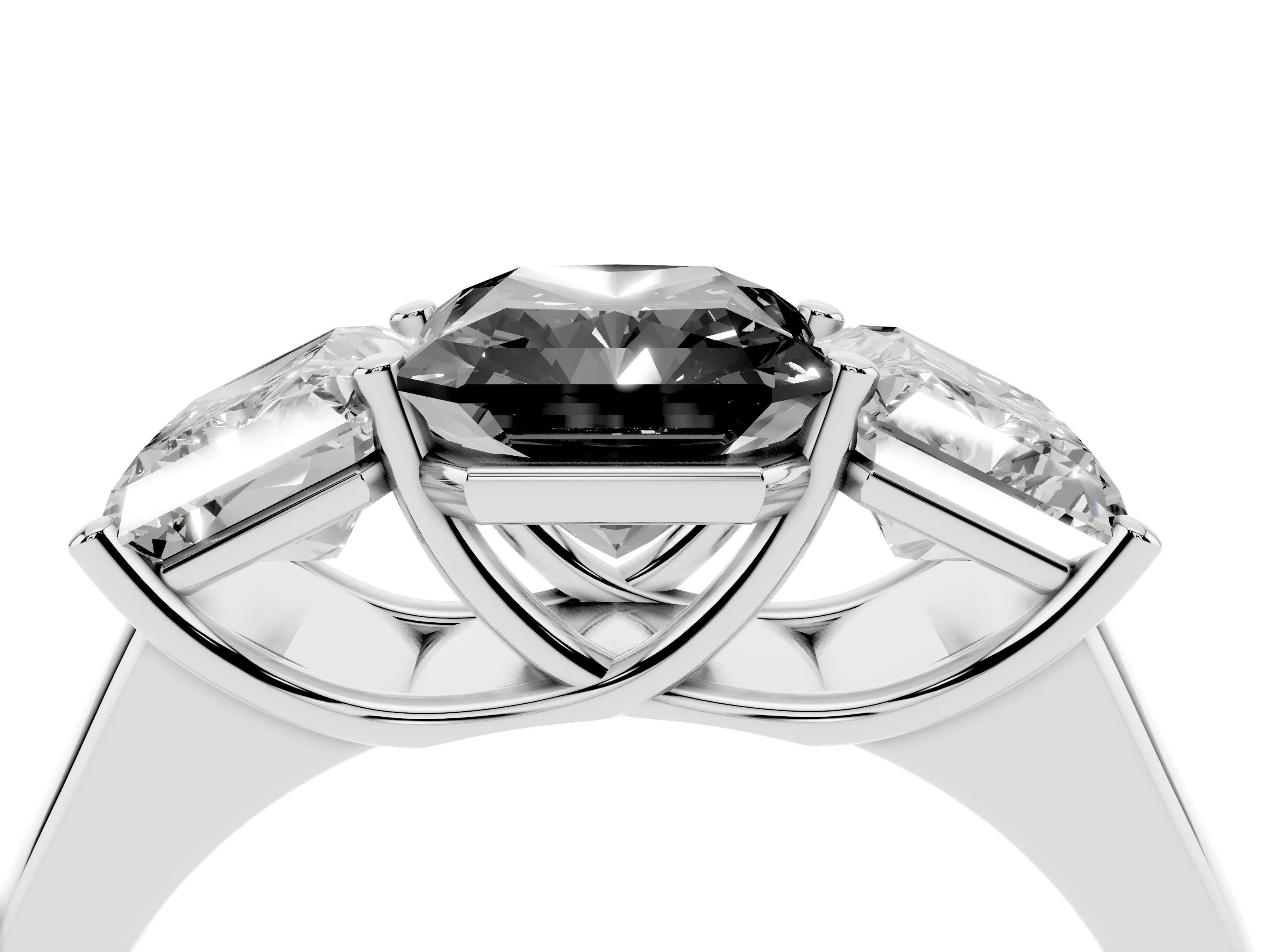 Fancy Black Radiant Cut Diamond Three-Stone Ring Set in White gold with Plain Polished Band