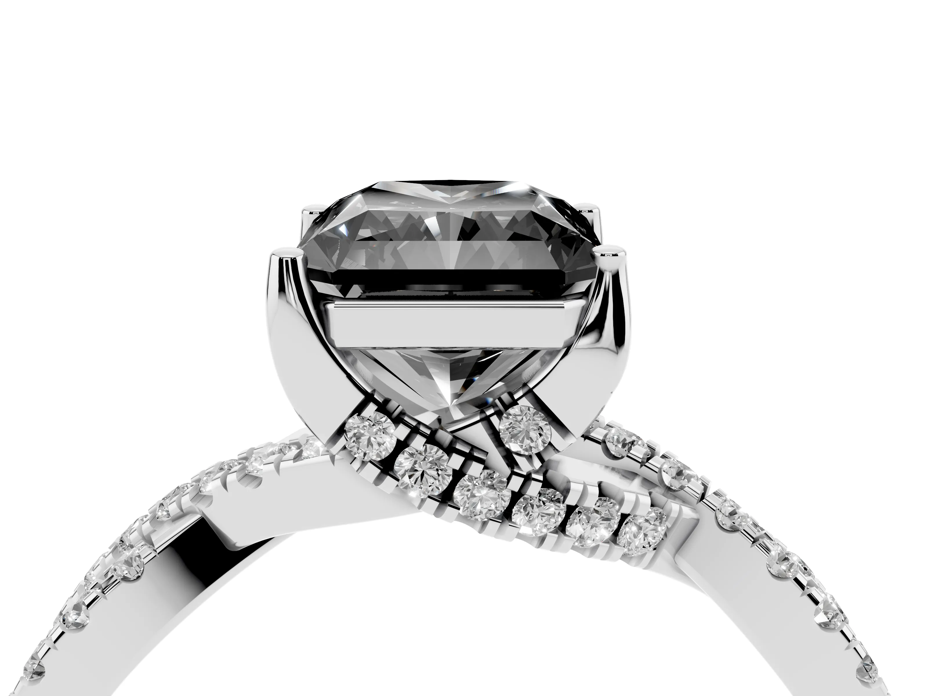 Fancy Black Radiant Cut Diamond Twist Pavé Solitaire Engagement Ring Set in Platinum with Prong Setting
