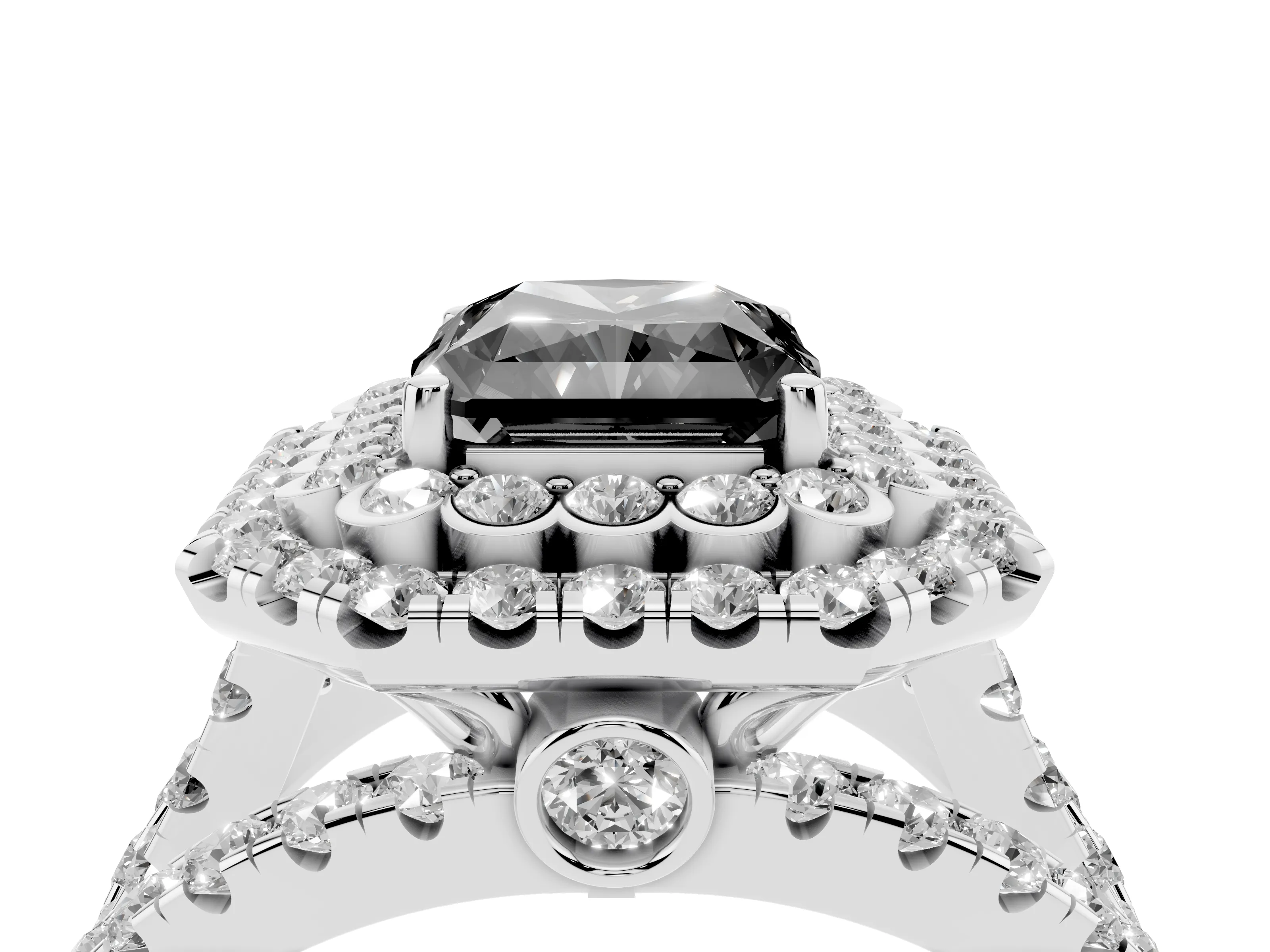 Fancy Black Radiant Cut Diamond Double Halo Ring Set in White gold with Round Pavé Split Shank