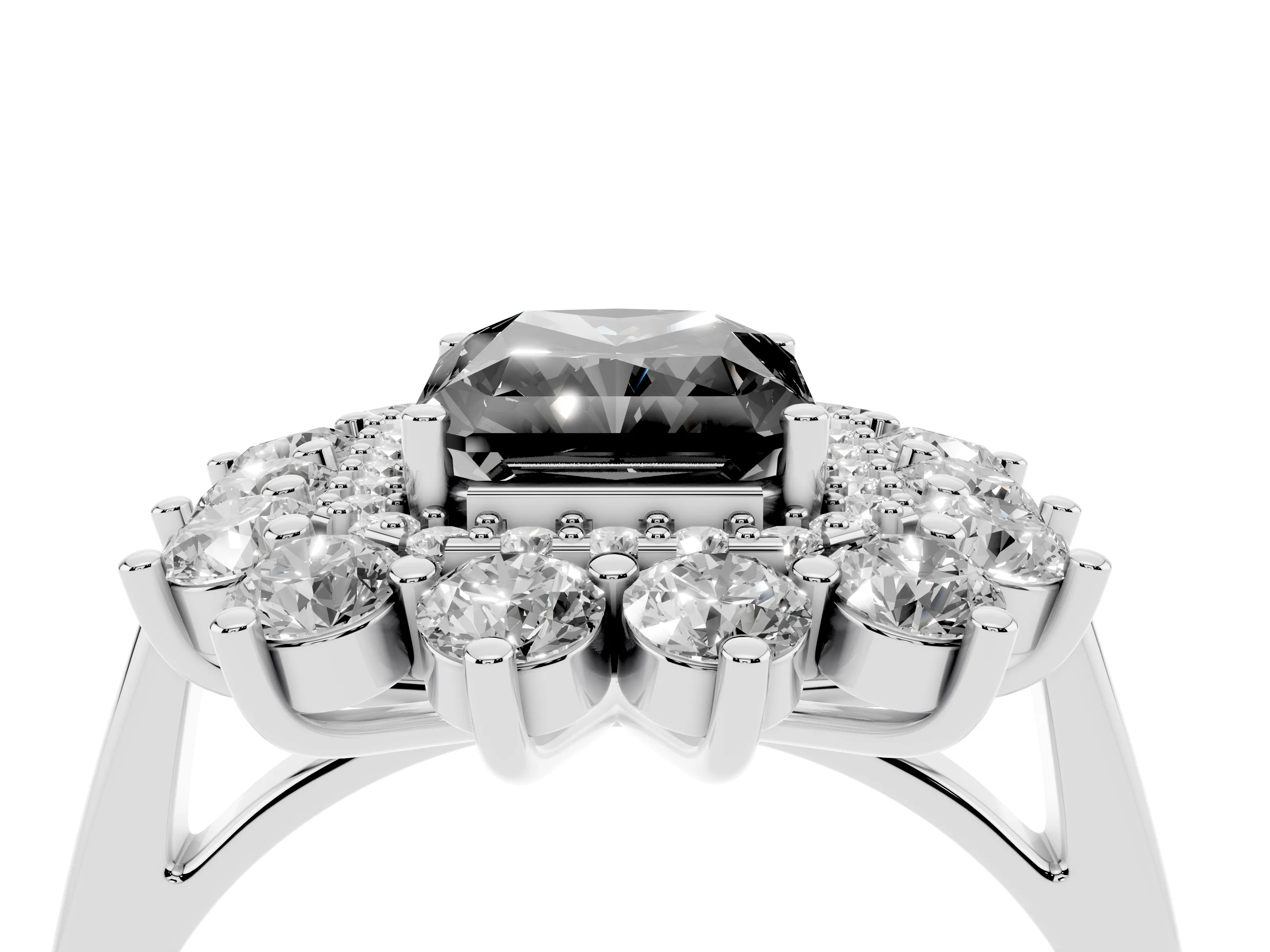 Fancy Black Radiant Cut Diamond Floral Double Halo Ring Set in Silver with Round Petals