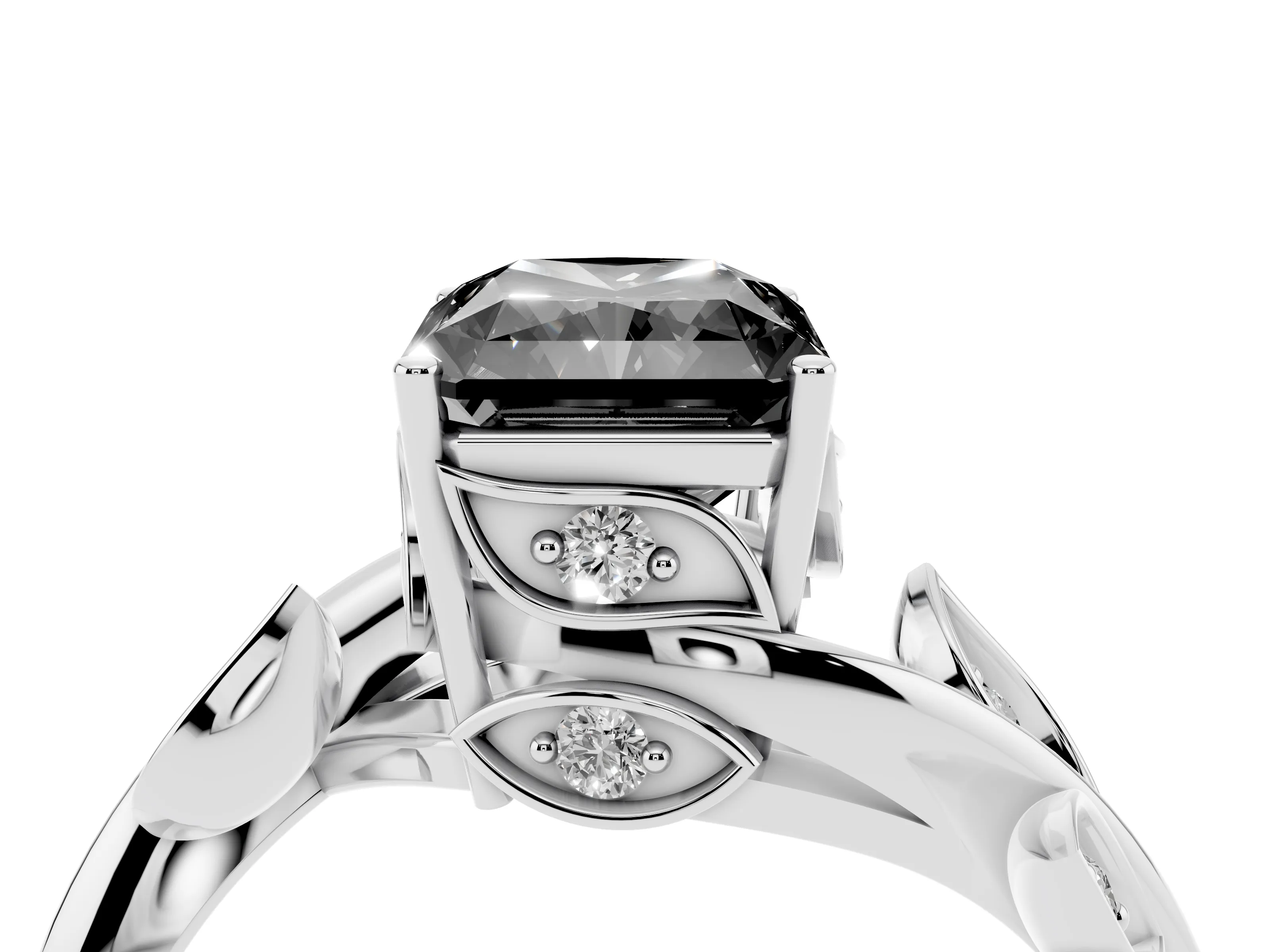 Fancy Black Radiant Cut Diamond Solitaire Twist Engagement Ring Set in White gold with Pavé Leaf Accents
