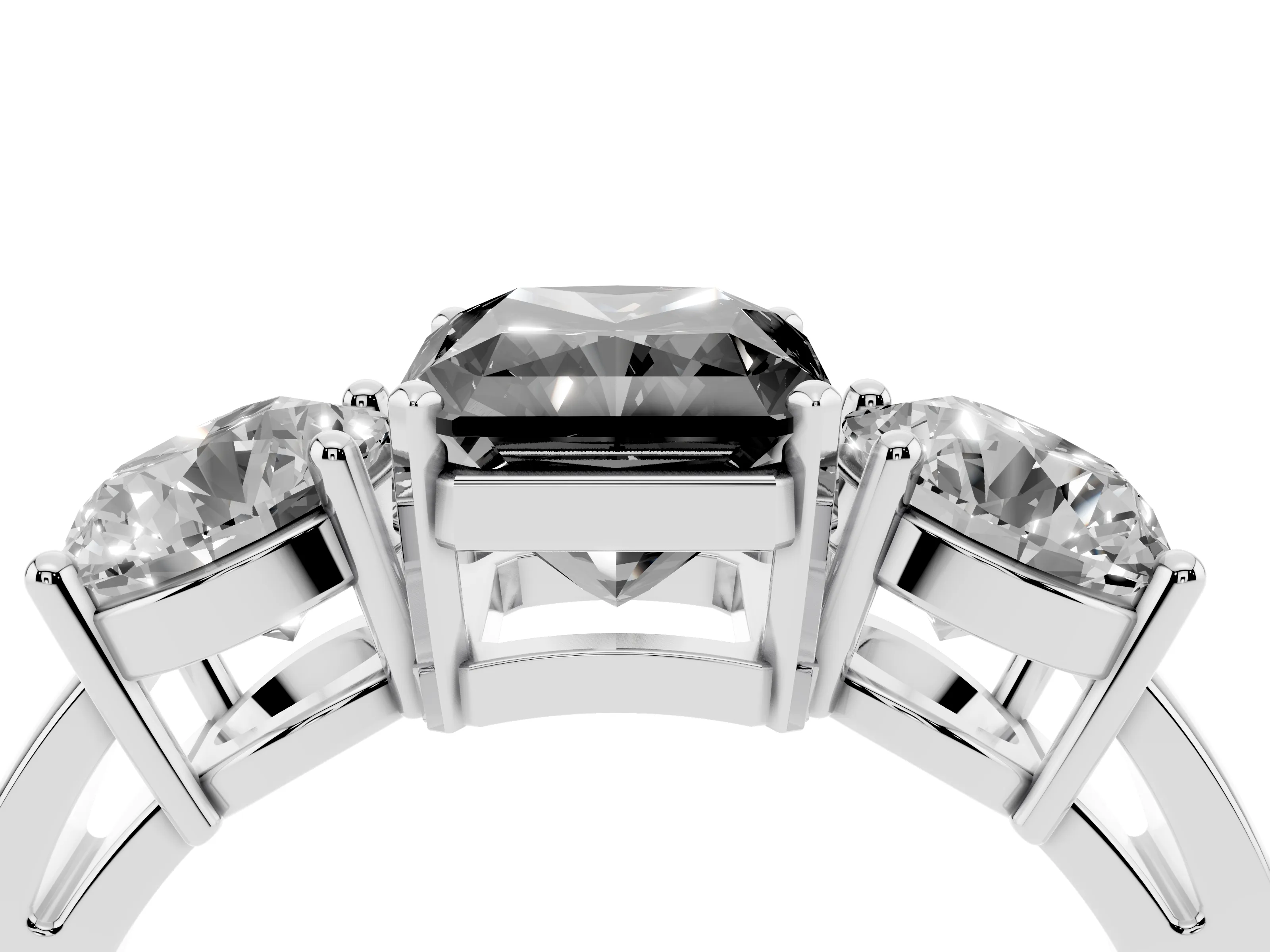 Fancy Black Radiant Cut Diamond Three-Stone Ring Set in Silver with Round Side Stones and Classic Band