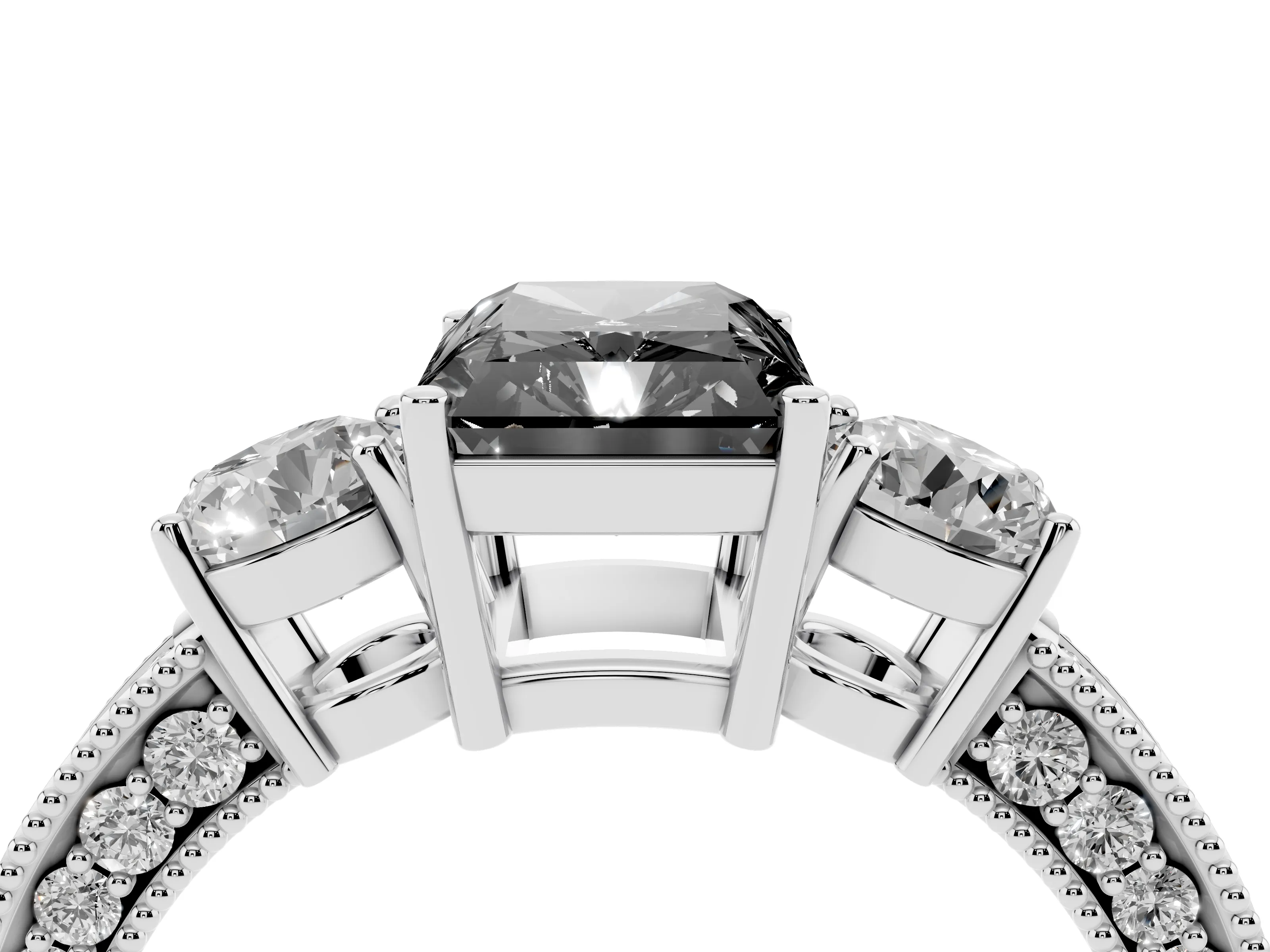 Fancy Black Radiant Cut Diamond Three-Stone Ring Set in Platinum with Round Side Stones and Pavé Band