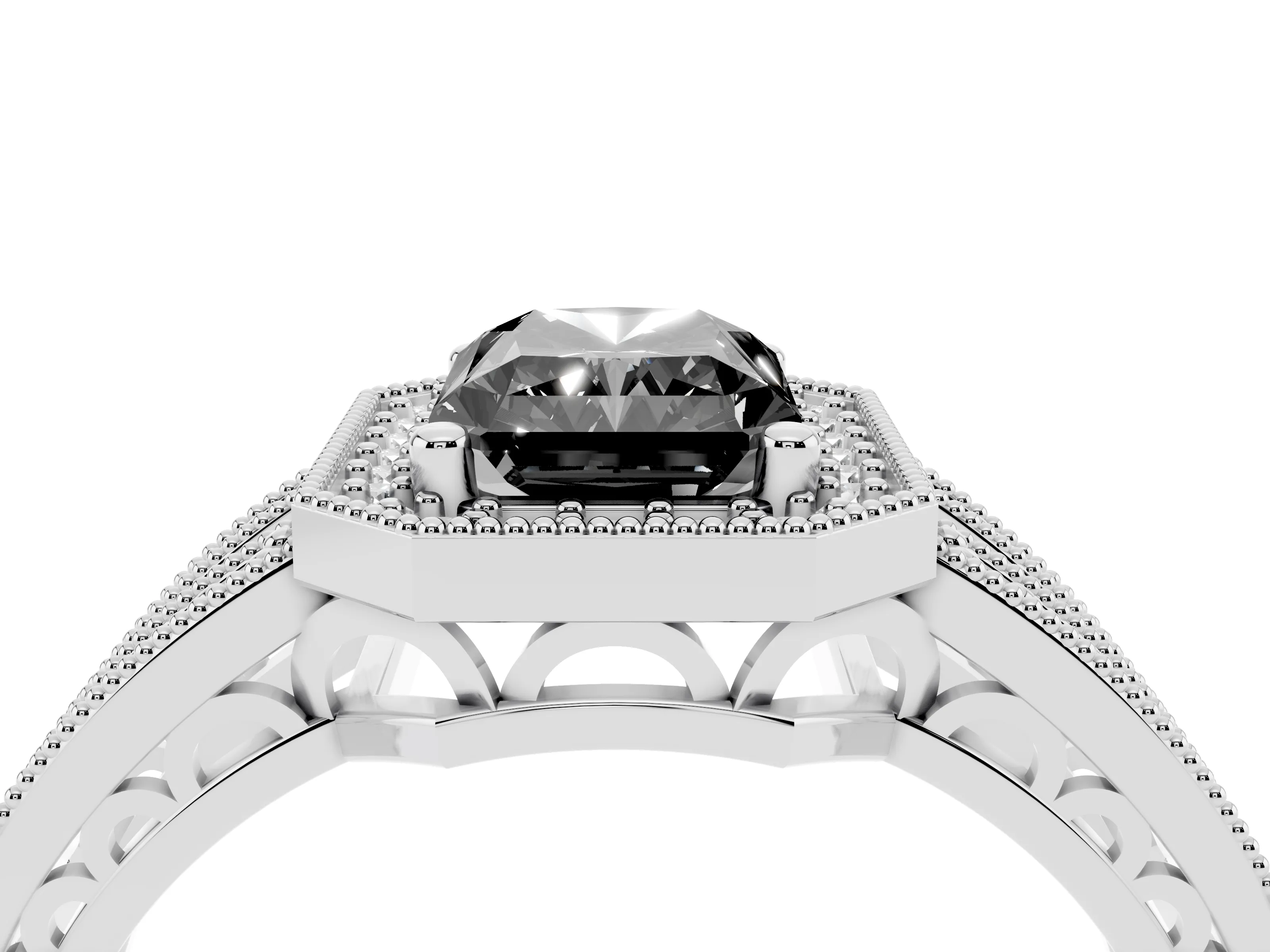 Fancy Black Radiant Cut Diamond Halo Ring Set in White gold with Accent Split Shank and Prong Setting