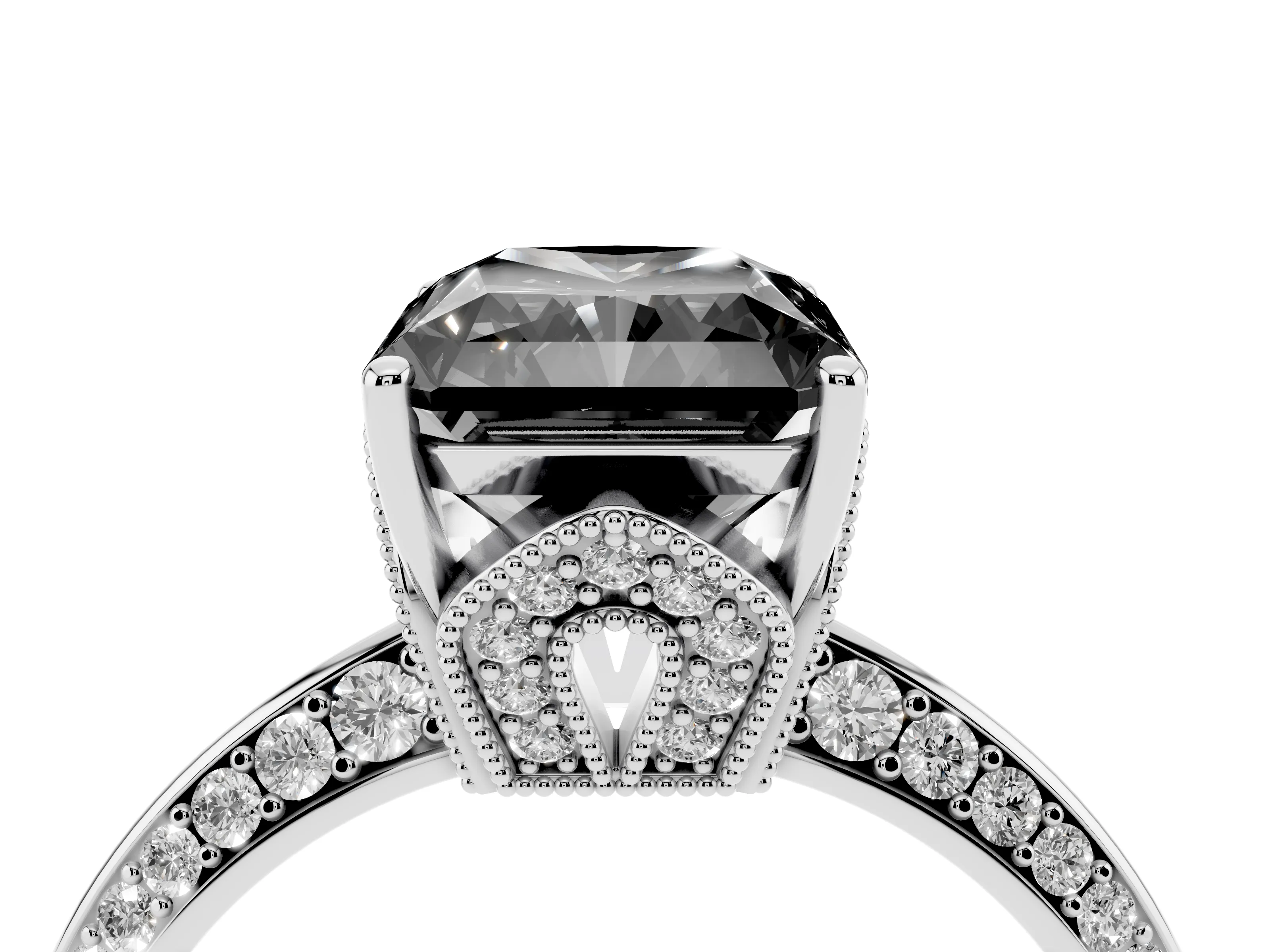Fancy Black Radiant Cut Diamond Solitaire Engagement Ring Set in Silver with Pavé Split Shank and Prong Setting