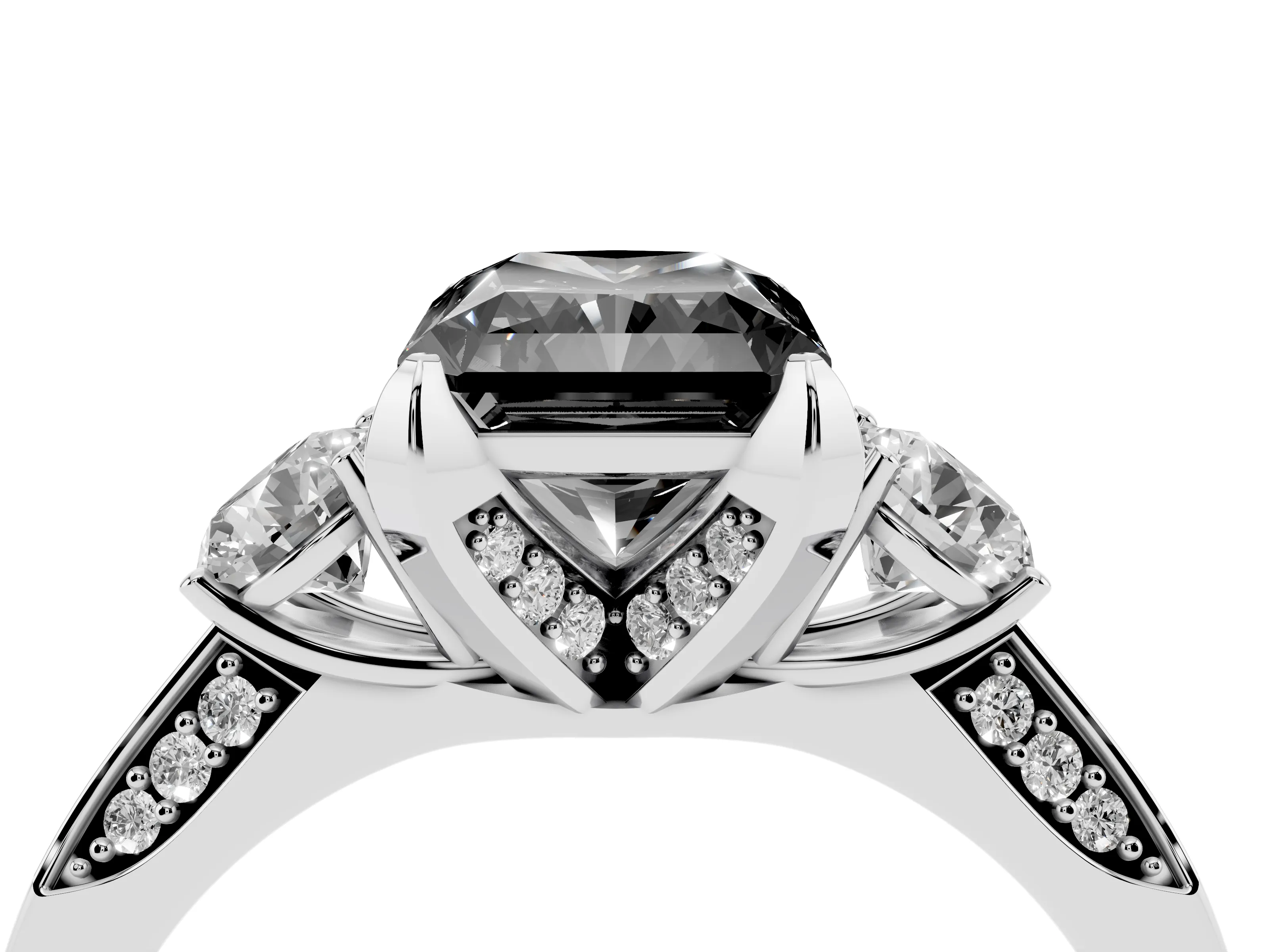 Fancy Black Radiant Cut Diamond Three-Stone Ring Set in Silver with Pavé Band and Smaller Side Stones