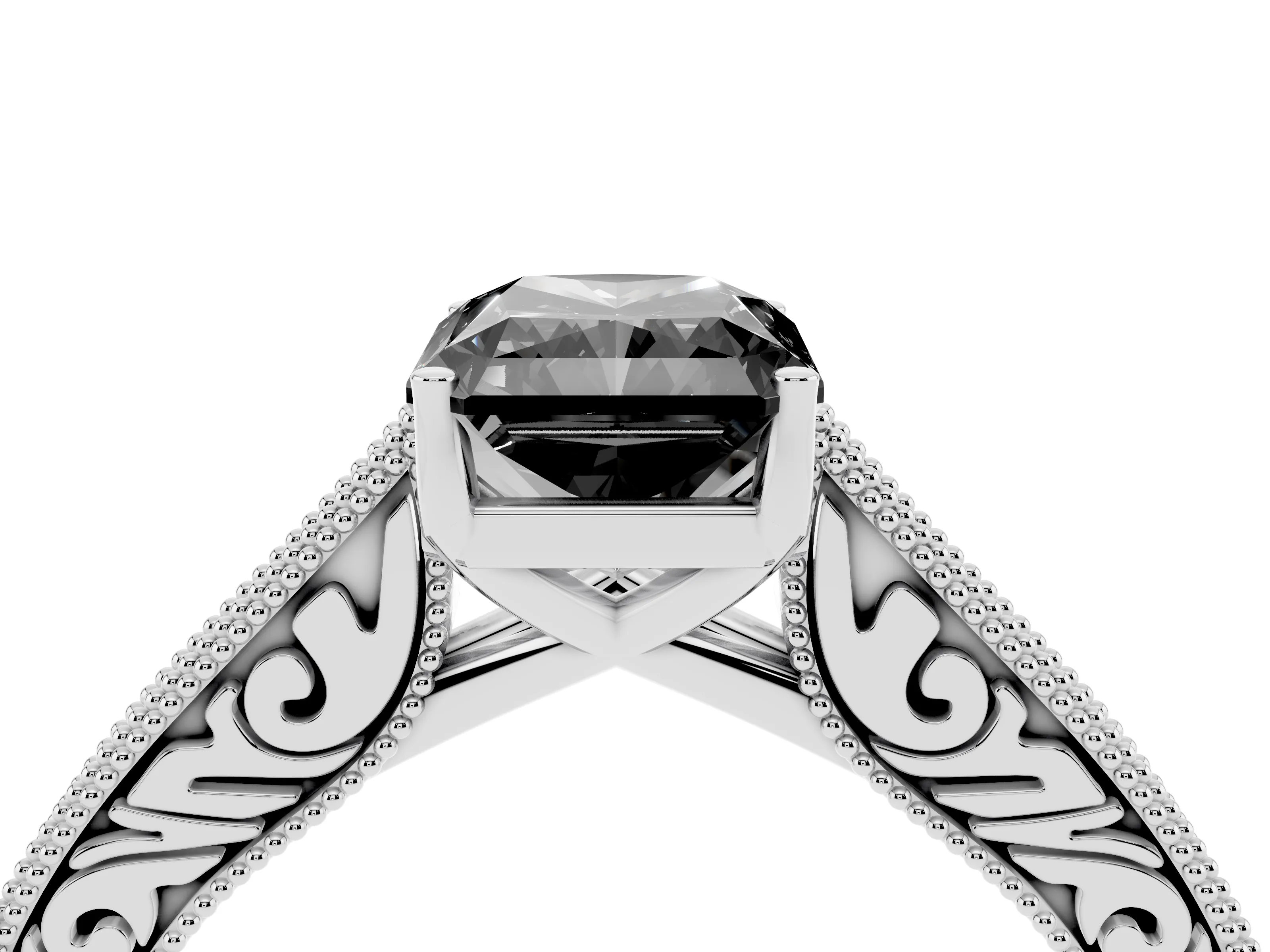 Fancy Black Radiant Cut Diamond Milgrain Pavé Band Solitaire Ring Set in Silver with Prong Setting