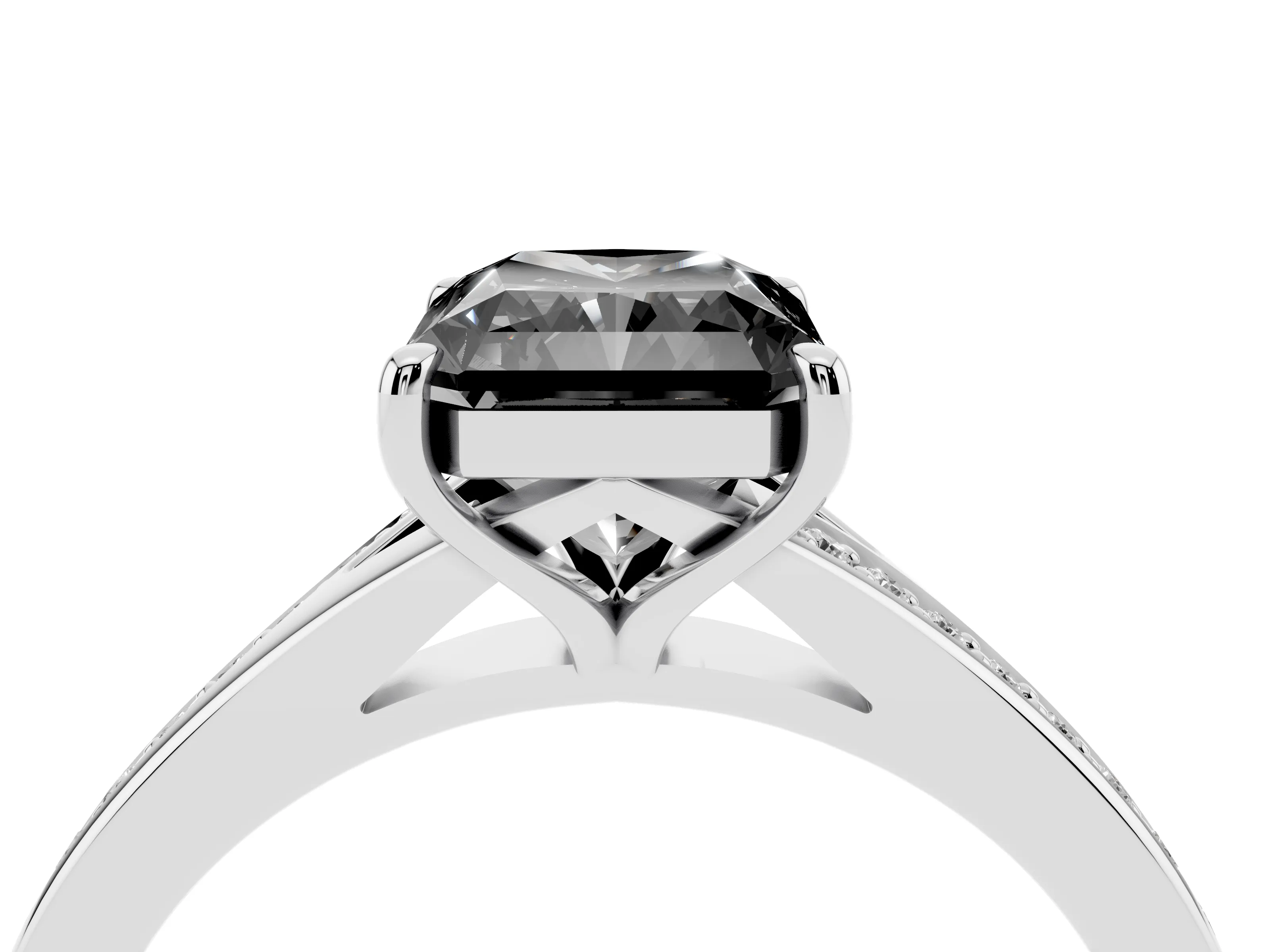 Fancy Black Radiant Cut Diamond Solitaire Ring Set in White gold with Pavé Accent Band and Classic Prong Setting