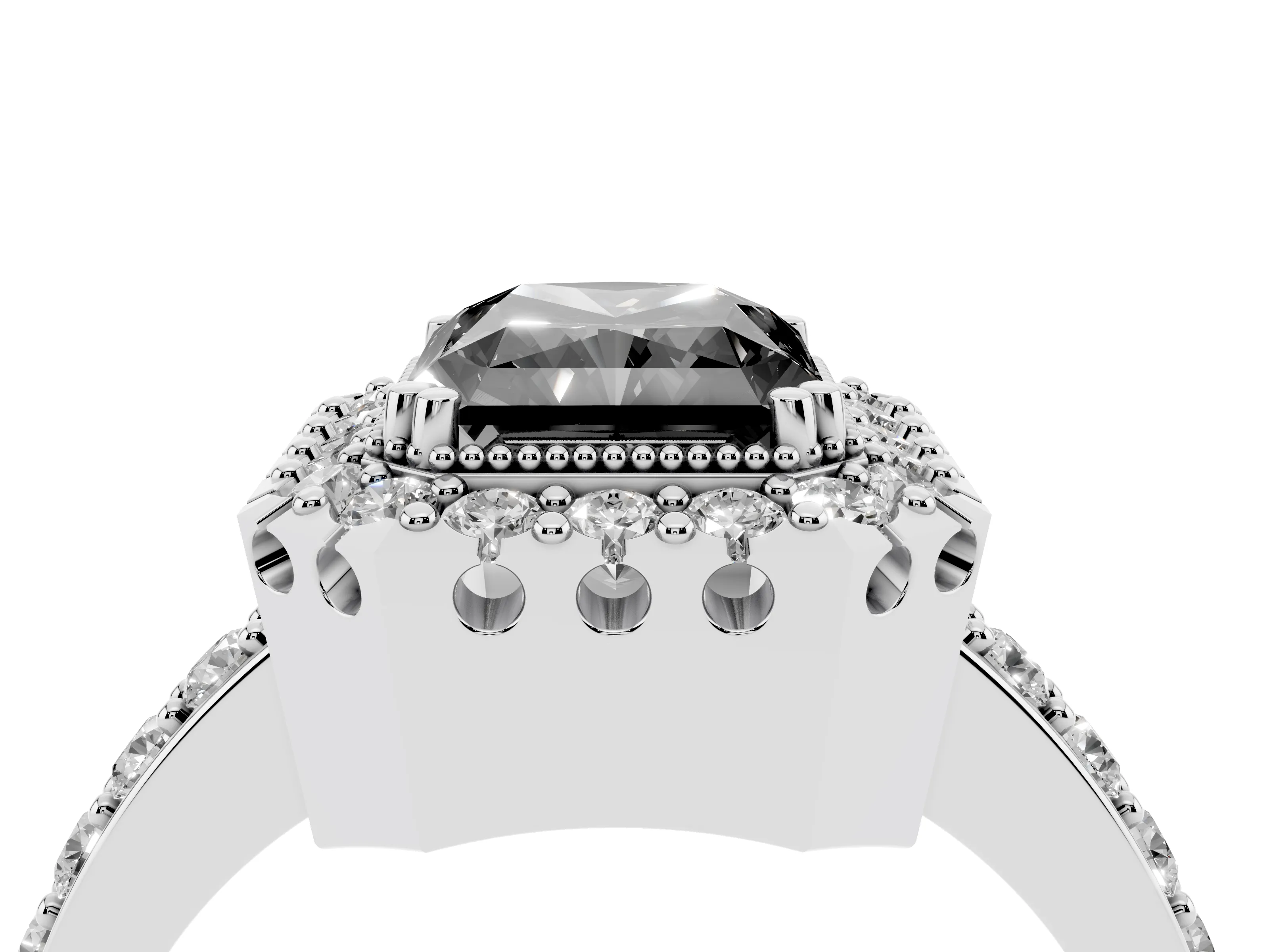 Fancy Black Radiant Cut Diamond Halo Ring Set in Silver with Pavé Shank and Prong Setting