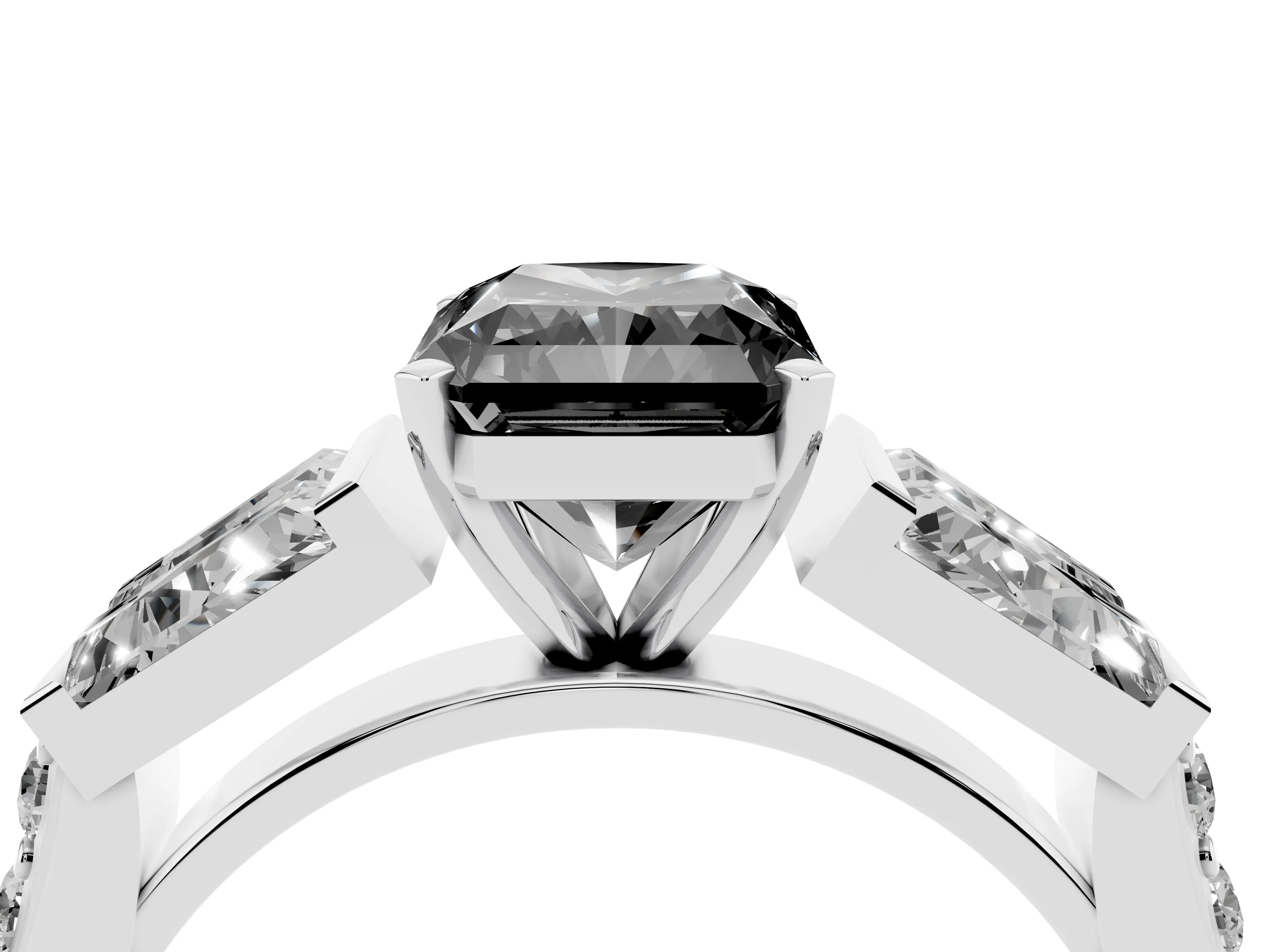 Fancy Black Radiant Cut Diamond Engagement Ring Set in Silver with Baguette Side Stones and Channel Set Band