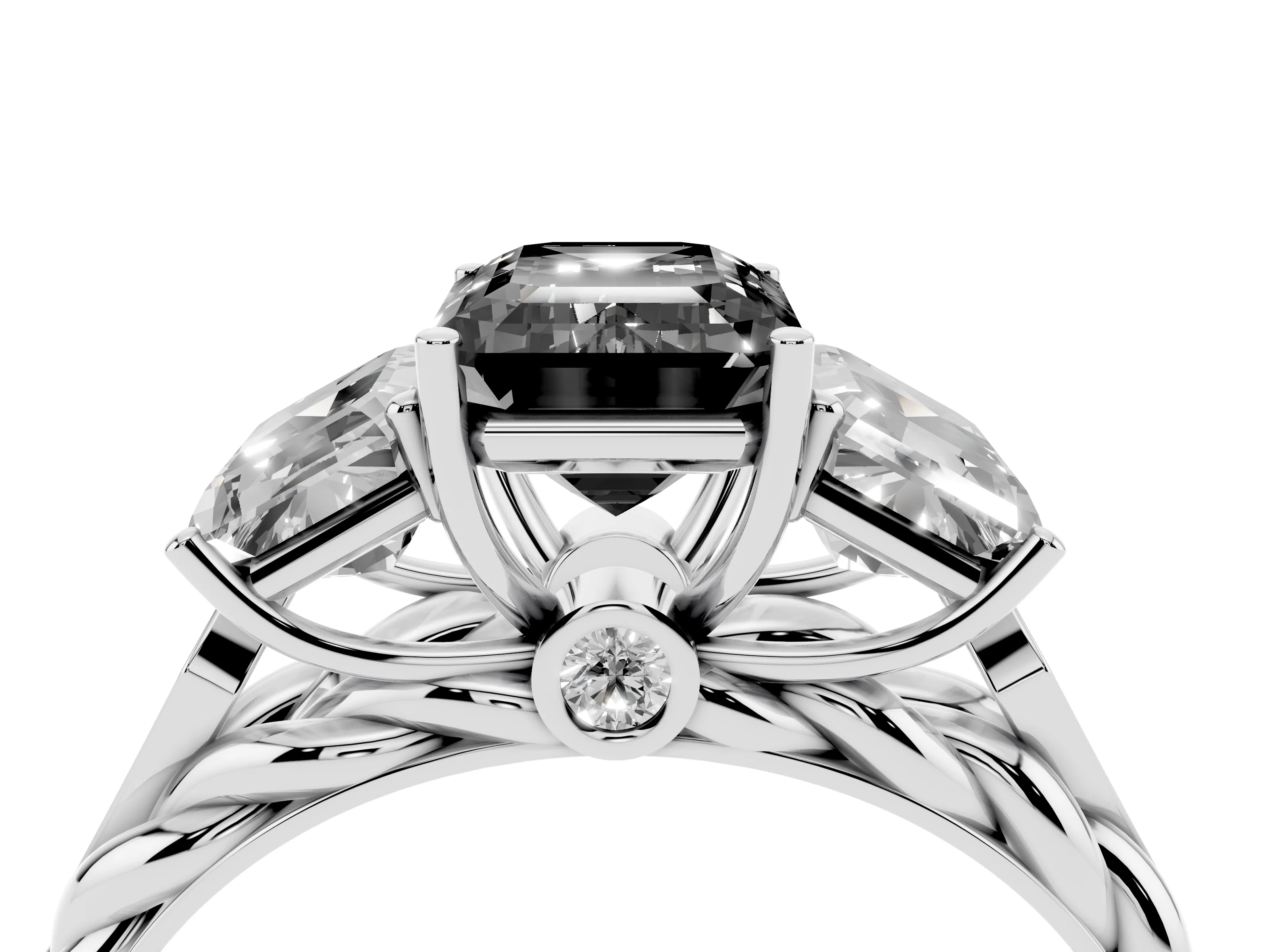 Fancy Black Radiant Cut Diamond Three-Stone Ring Set in White gold with Braided Band