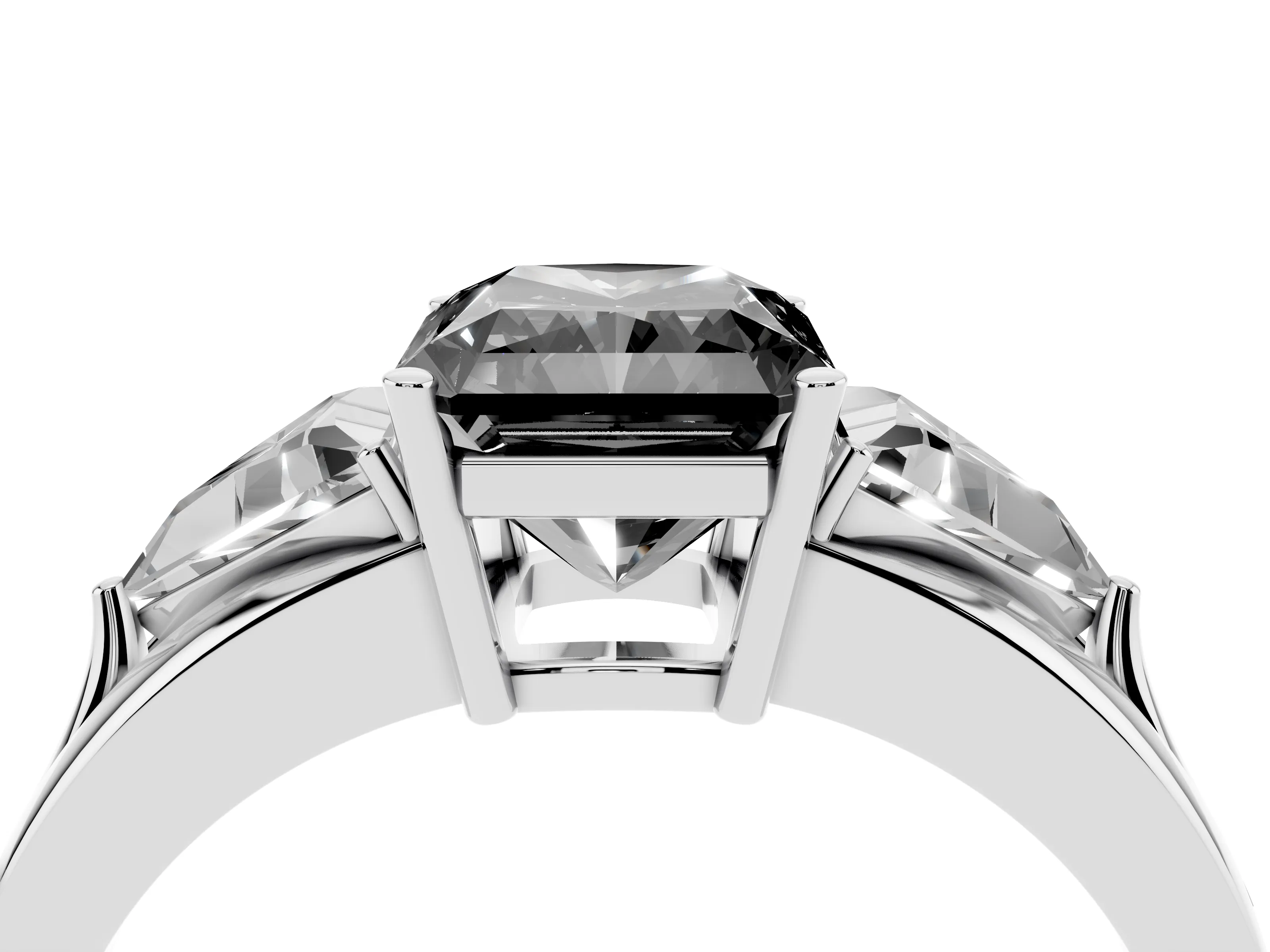 Fancy Black Radiant Cut Diamond Three-Stone Ring Set in Silver with Trillion Side Stones and Split Shank