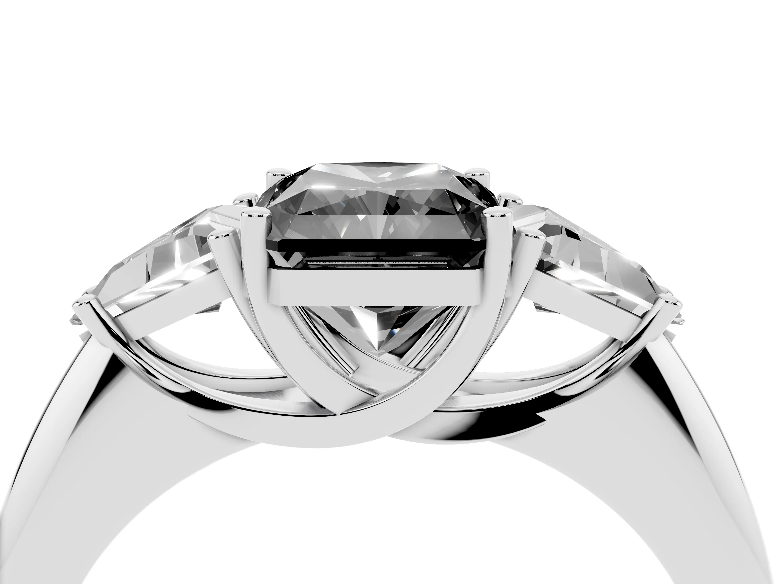 Fancy Black Radiant Cut Diamond Three-Stone Engagement Ring Set in White gold with Trillion Side Stones