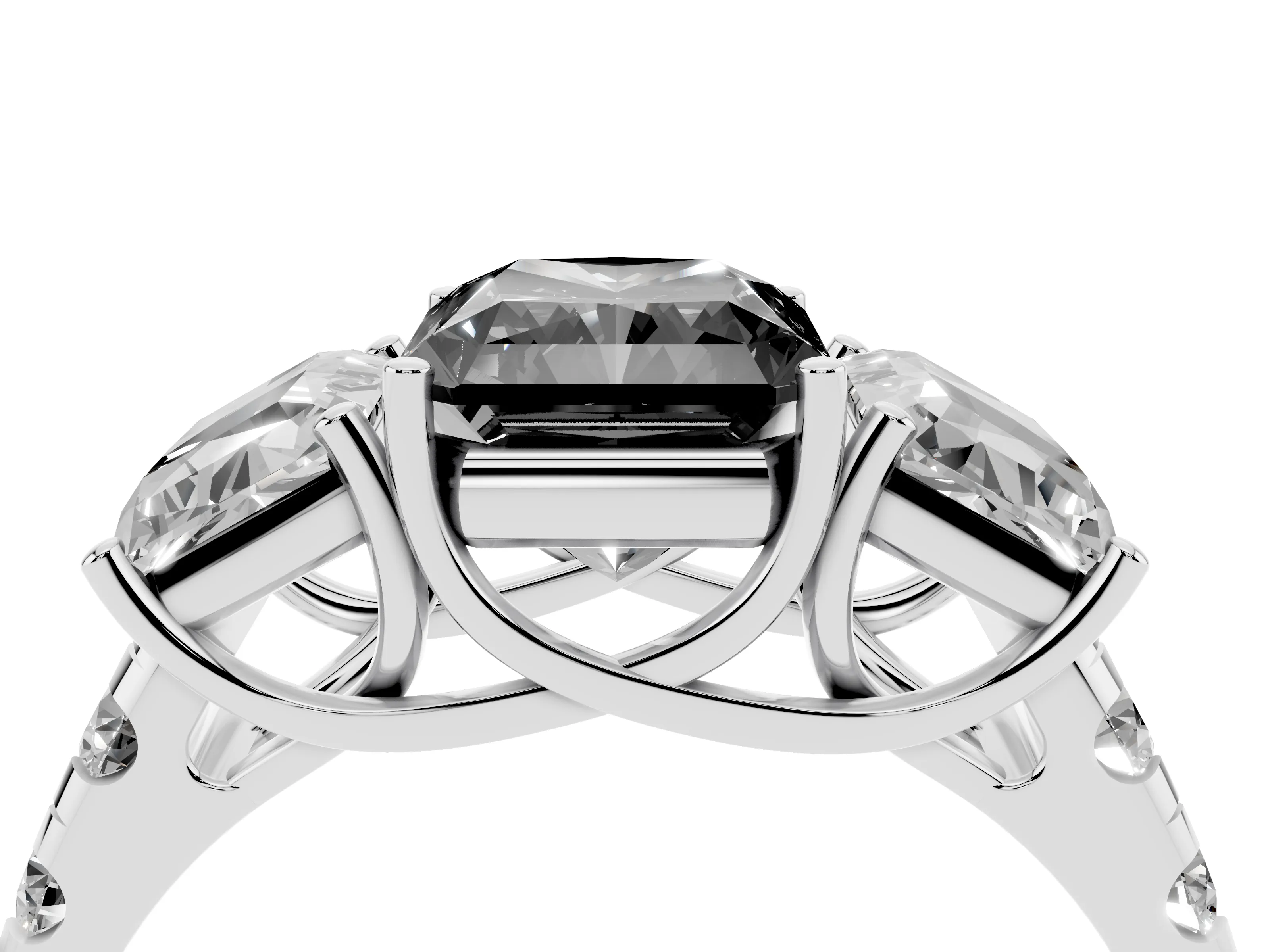 Fancy Black Radiant Cut Diamond Three-Stone Ring Set in Platinum with Pavé Band