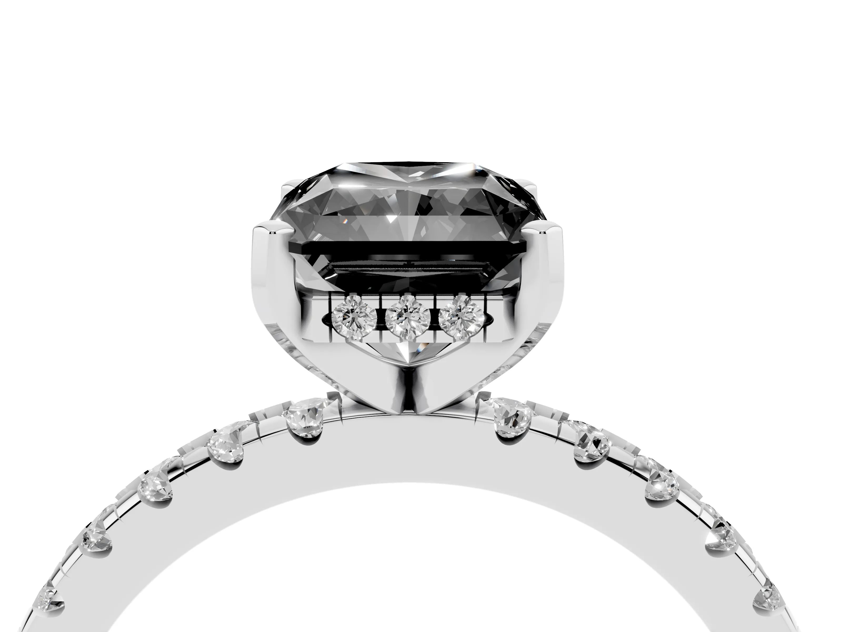 Fancy Black Radiant Cut Diamond Pavé Solitaire Ring Set in Silver with Round Band Accents and Prong Setting