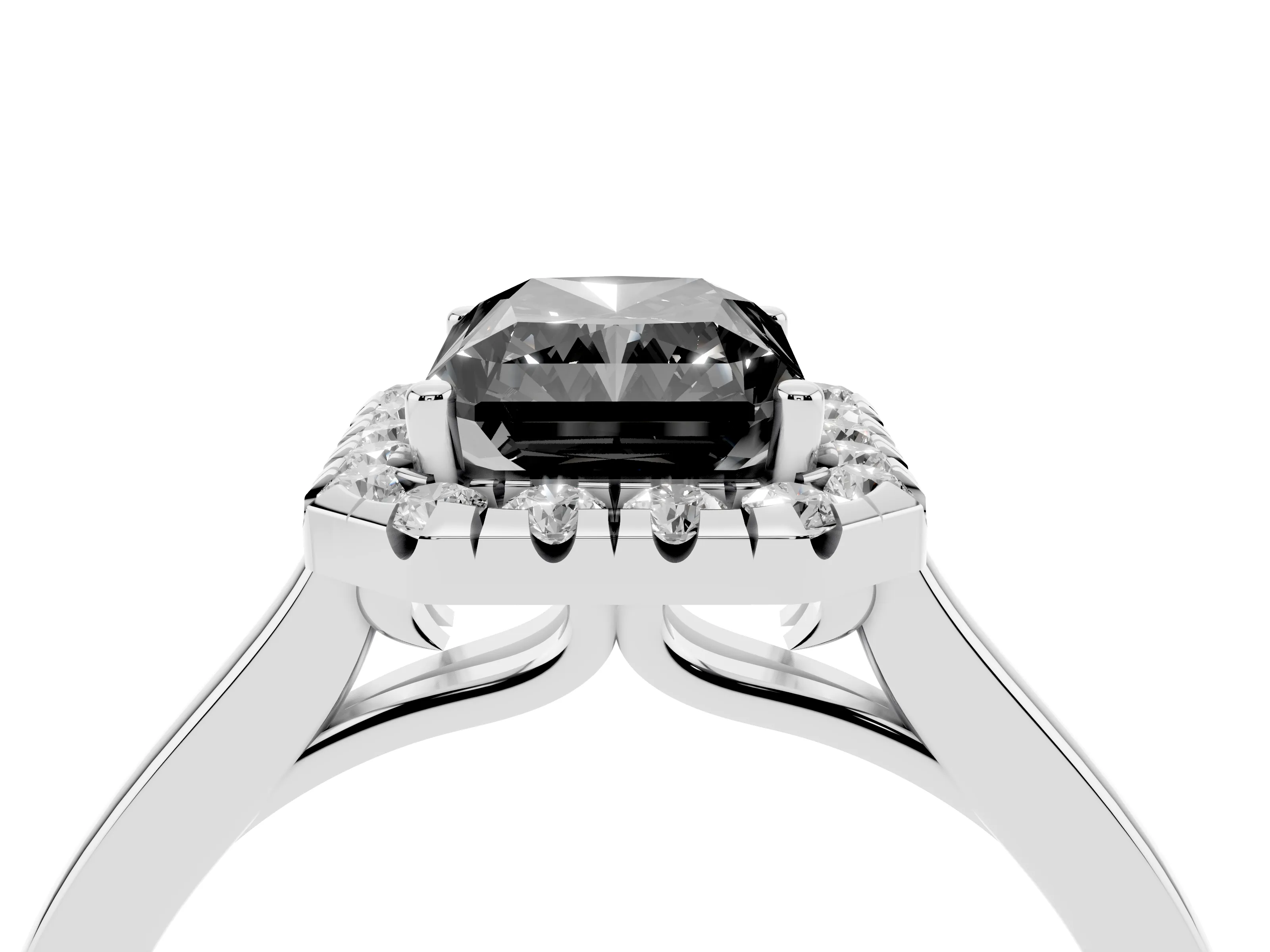 Fancy Black Radiant Cut Halo Round Diamond Solitaire Ring Set in Silver with Pavé Band and Prong Setting