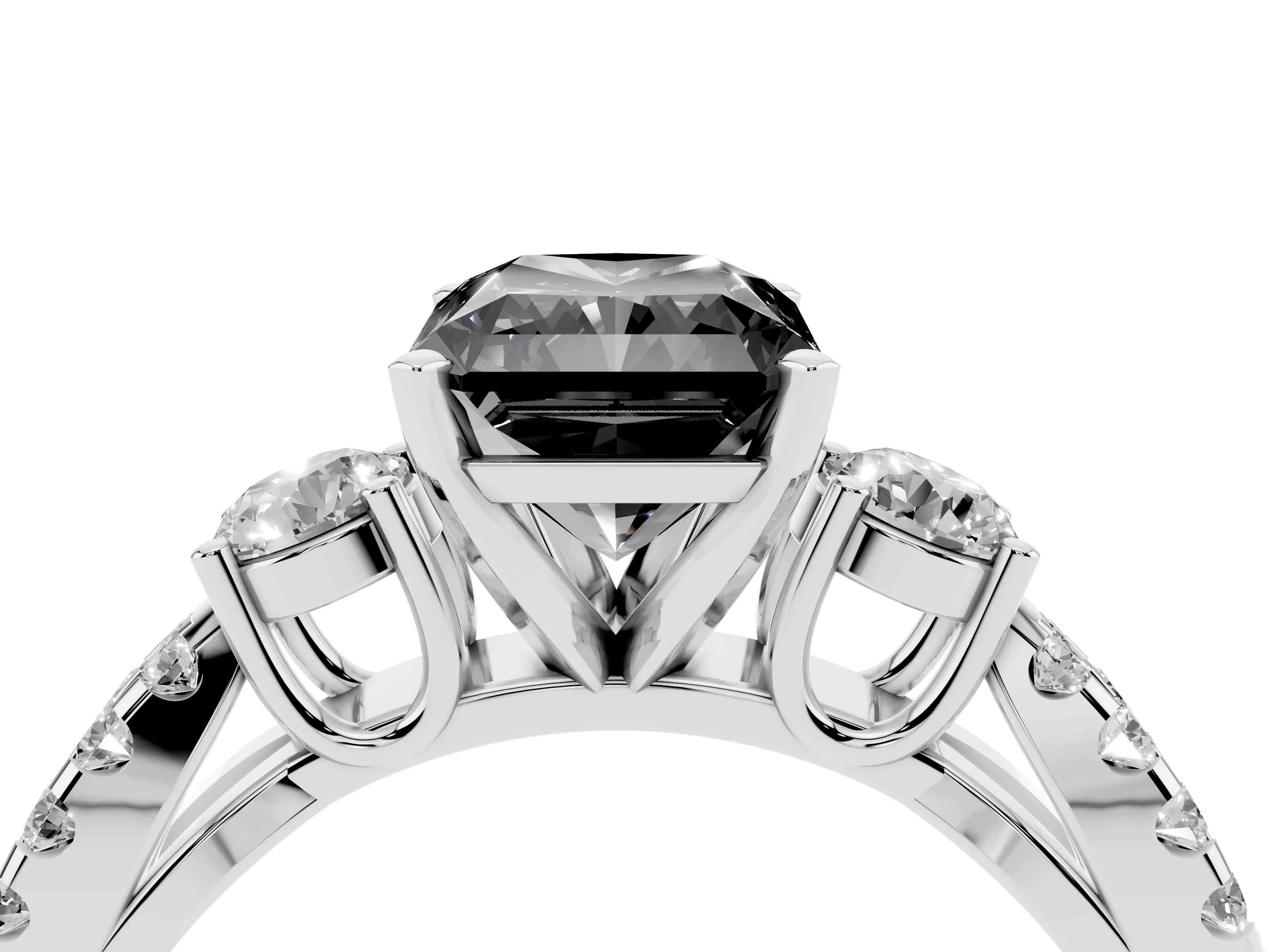 Fancy Black Radiant Cut Diamond Three-Stone Ring Set in Silver with Pavé Split Shank and Prong Setting