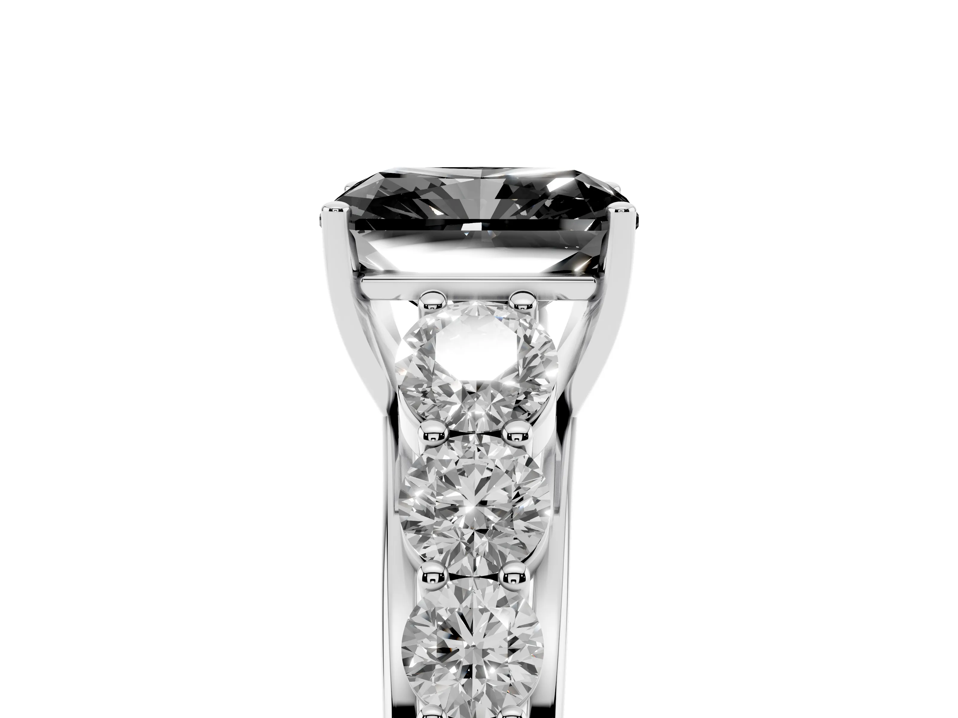 Fancy Black Radiant Cut Diamond Solitaire Ring Set in Silver with Pavé-Set Band and Prong Setting