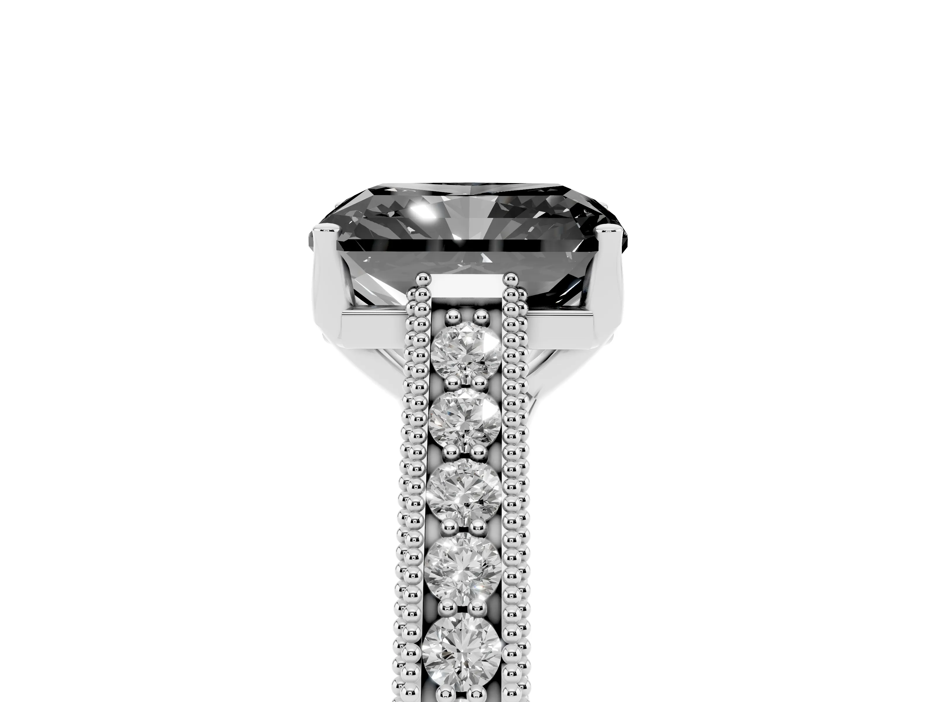 Fancy Black Radiant Cut Diamond Milgrain Pavé Band Solitaire Ring Set in Silver with Prong Setting