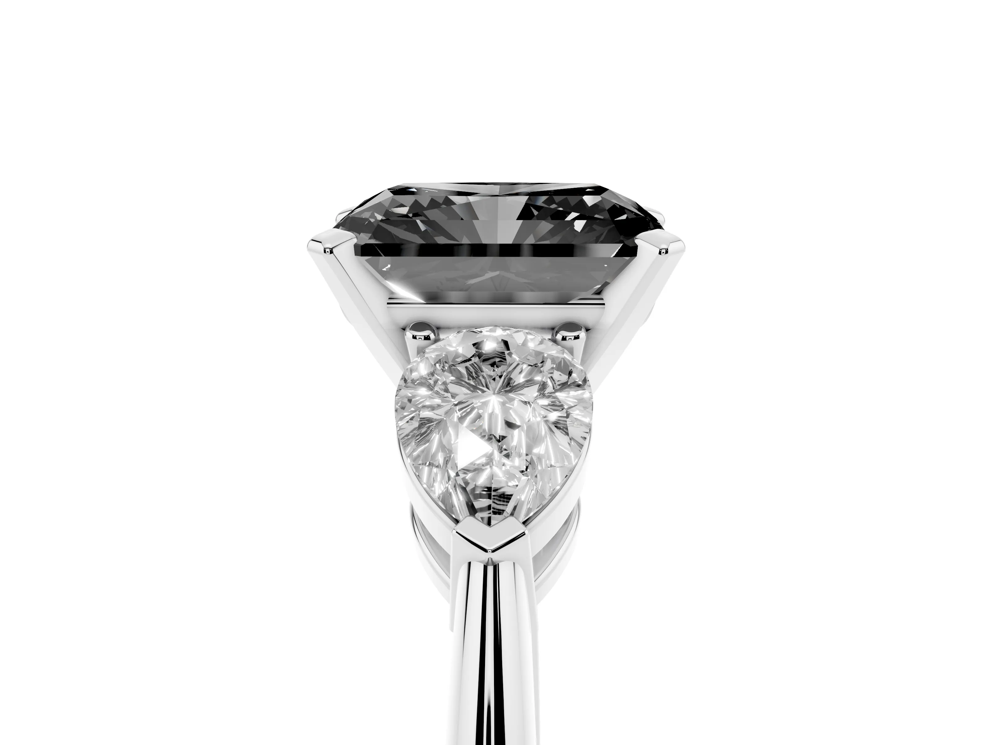 Fancy Black Three-Stone Radiant Cut Diamond Ring Set in White gold with Pear Side Stones and Prong Setting