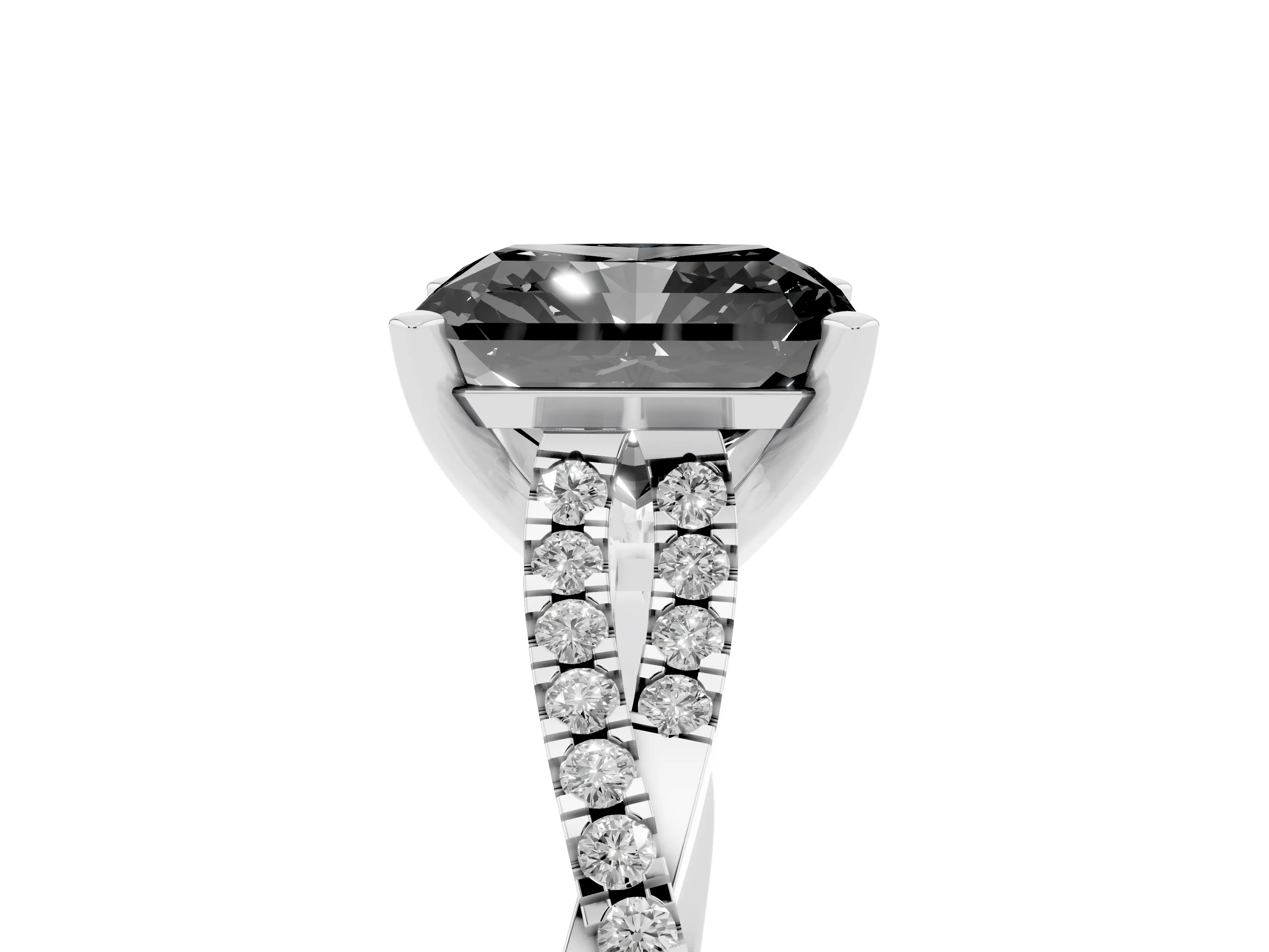 Fancy Black Radiant Cut Diamond Solitaire Engagement Ring Set in White gold with Twisted Pavé Band and Prong Setting