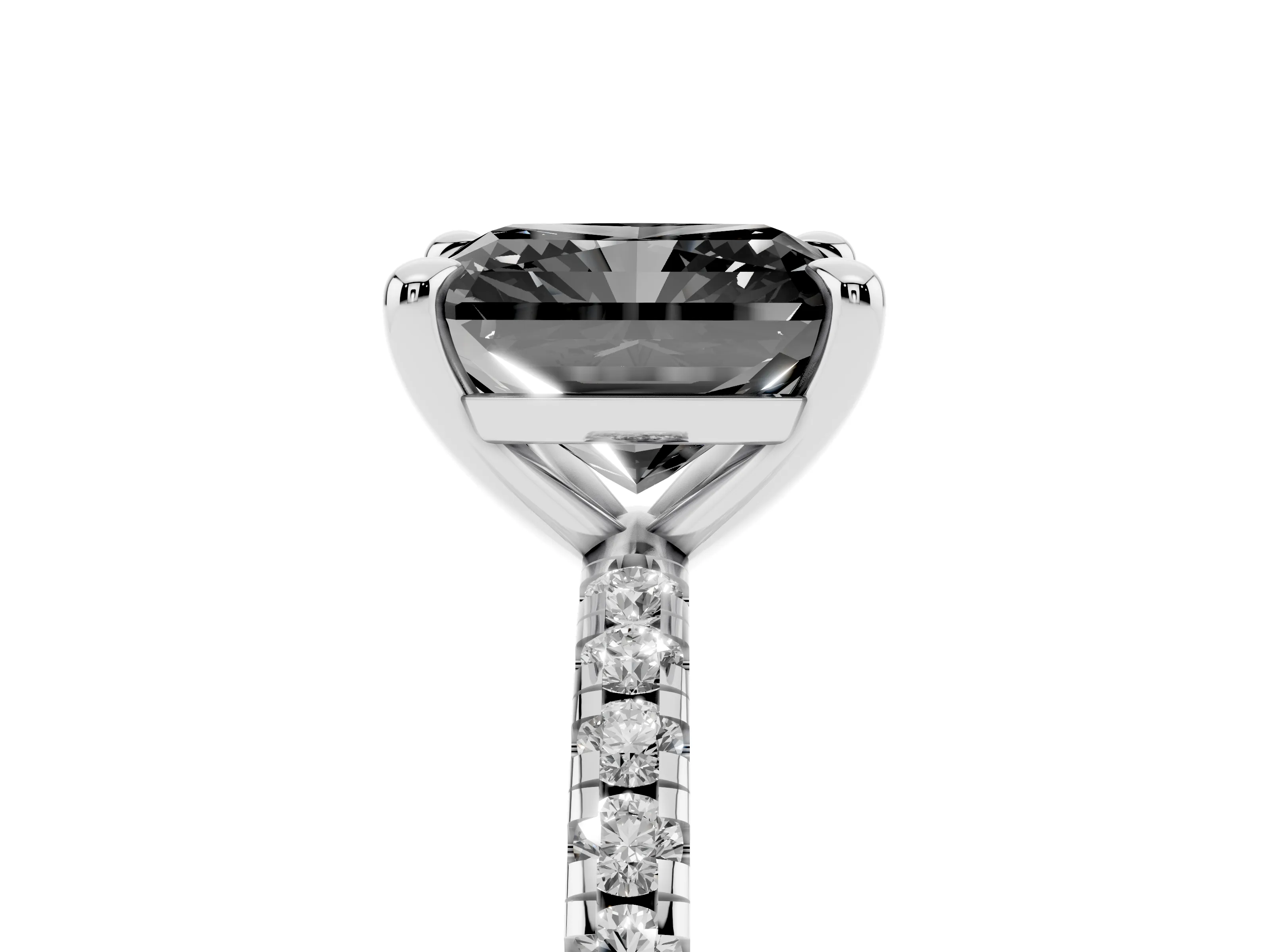 Fancy Black Radiant Cut Diamond Brilliant Solitaire Ring Set in Platinum with Pavé Band and Prong Setting