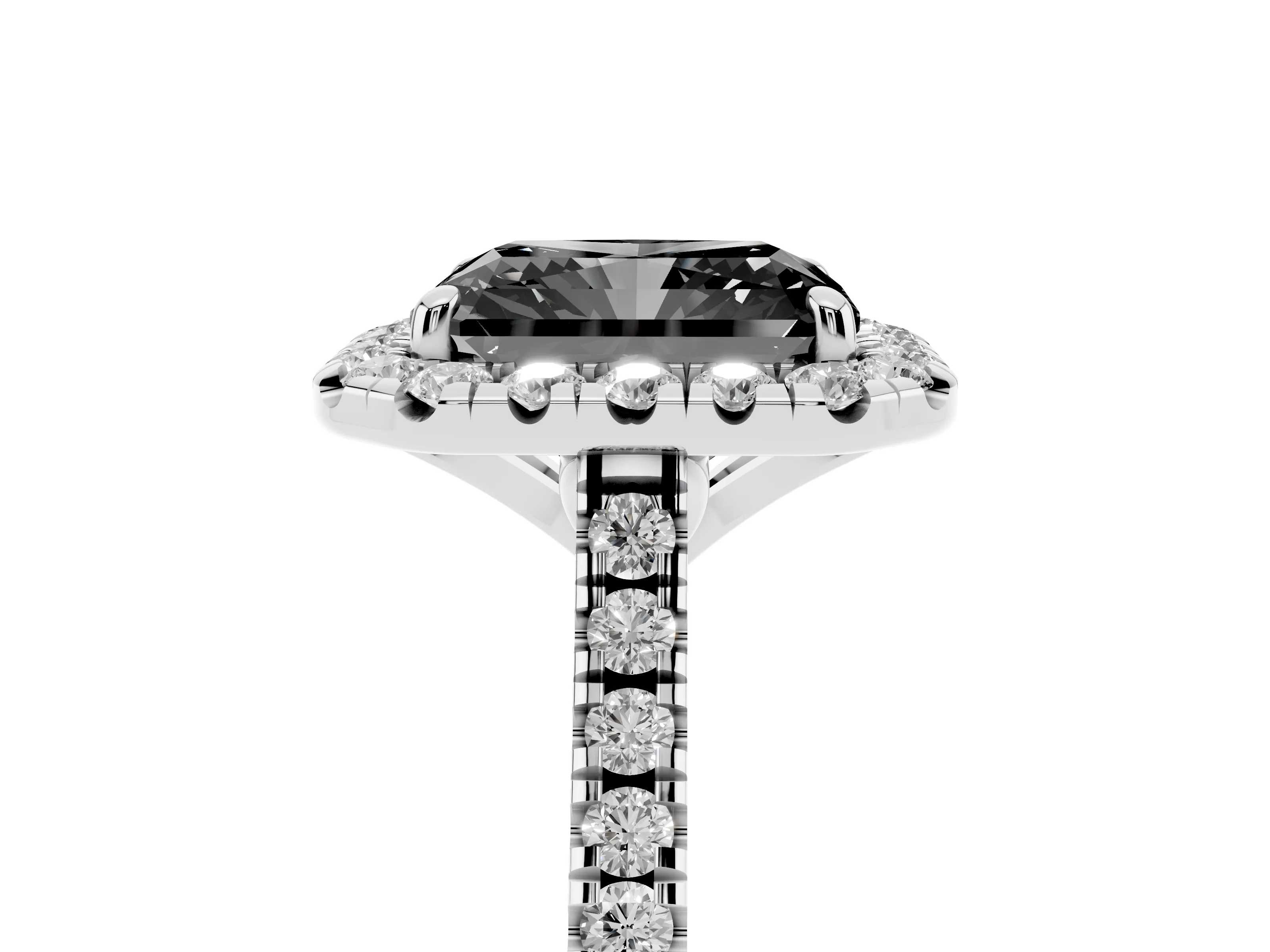 Fancy Black Radiant Cut Diamond Cushion Halo Ring Set in Silver with Pavé Band