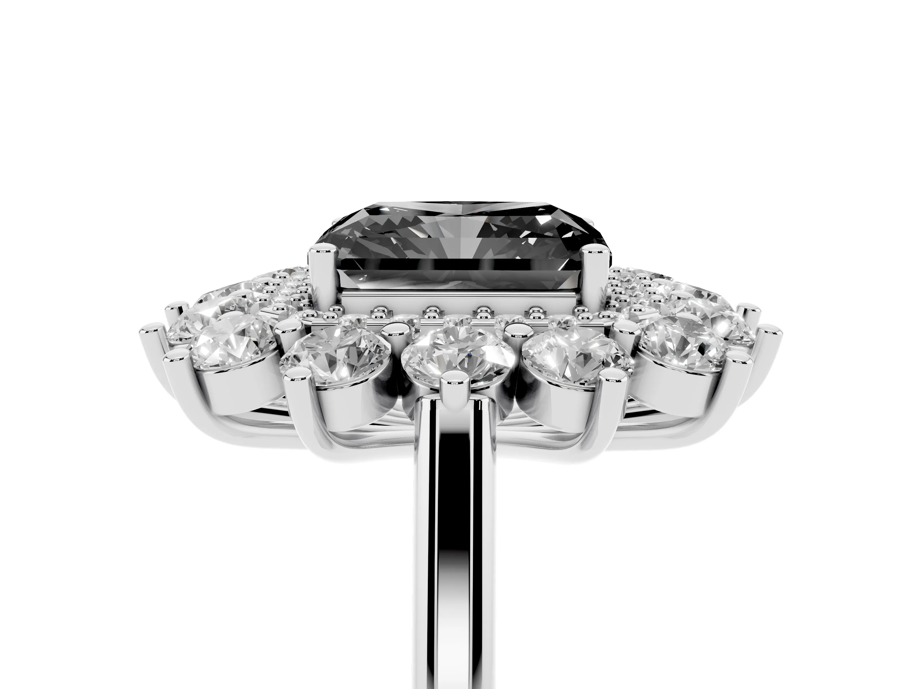 Fancy Black Radiant Cut Diamond Floral Double Halo Ring Set in Silver with Round Petals