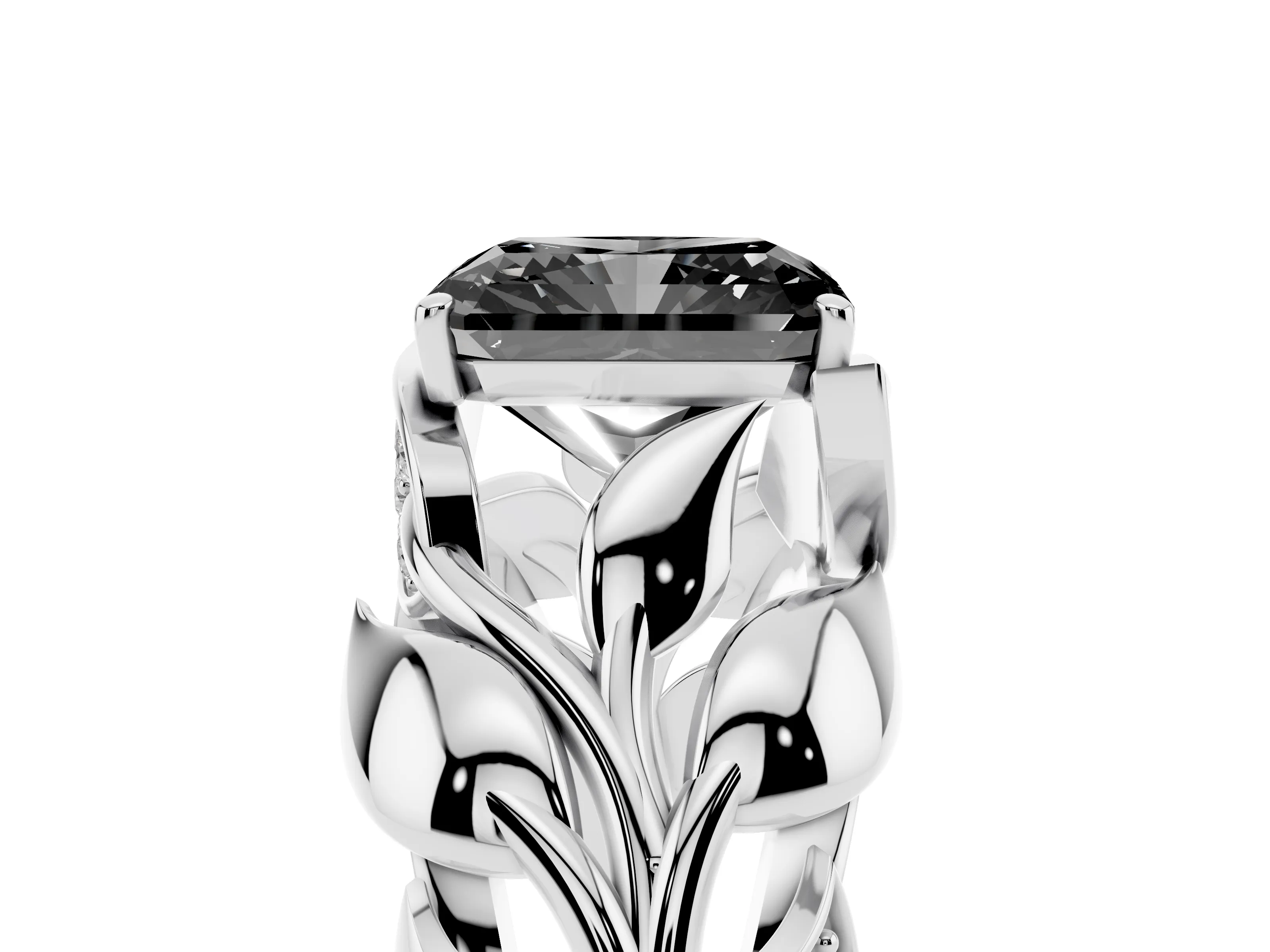 Fancy Black Radiant Cut Diamond Leaf-Inspired Engagement Ring Set in Platinum with Round Accents