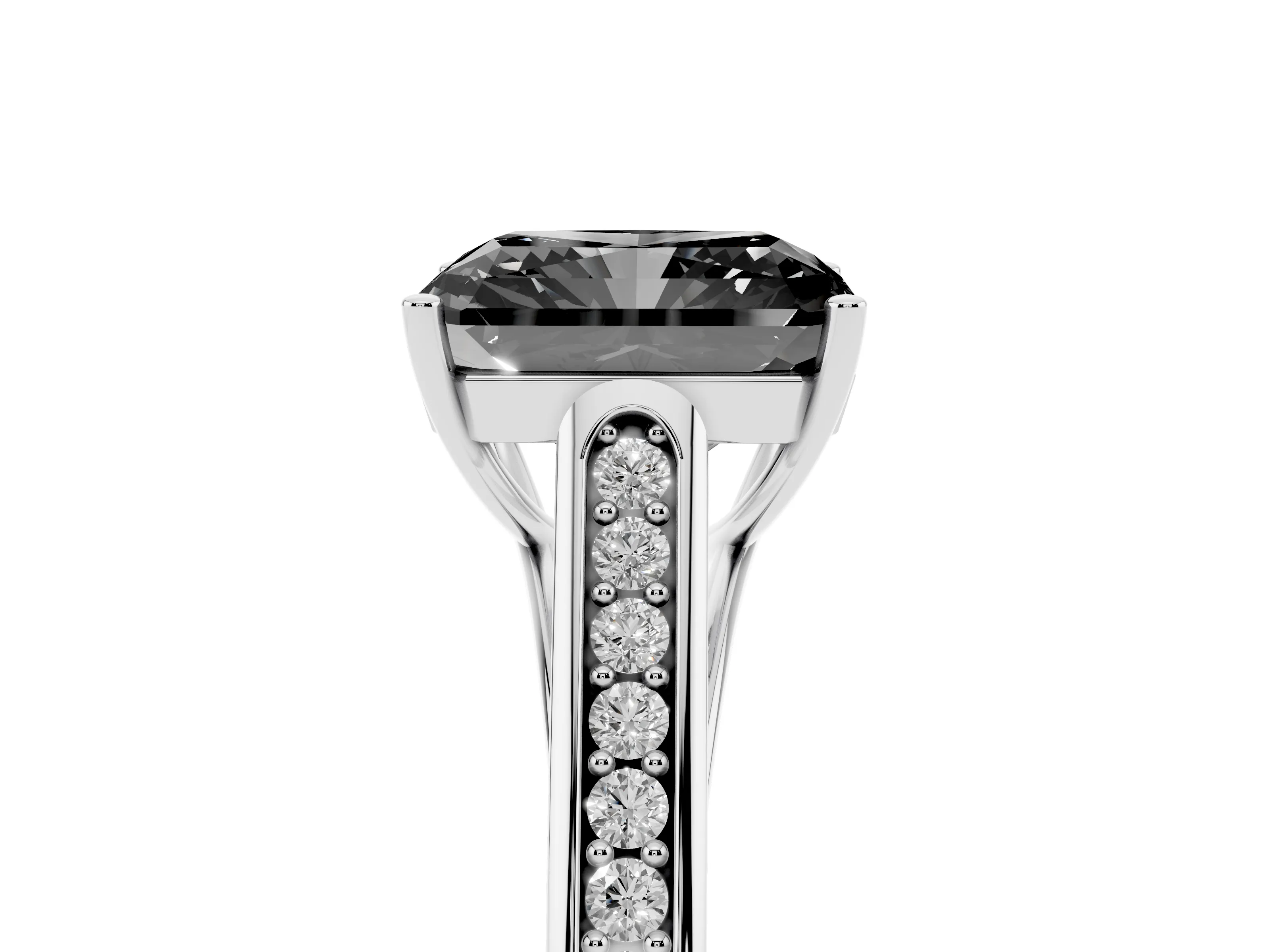 Fancy Black Radiant Cut Diamond Solitaire Cathedral Engagement Ring Set in Platinum with Channel-Set Band and Prong Setting