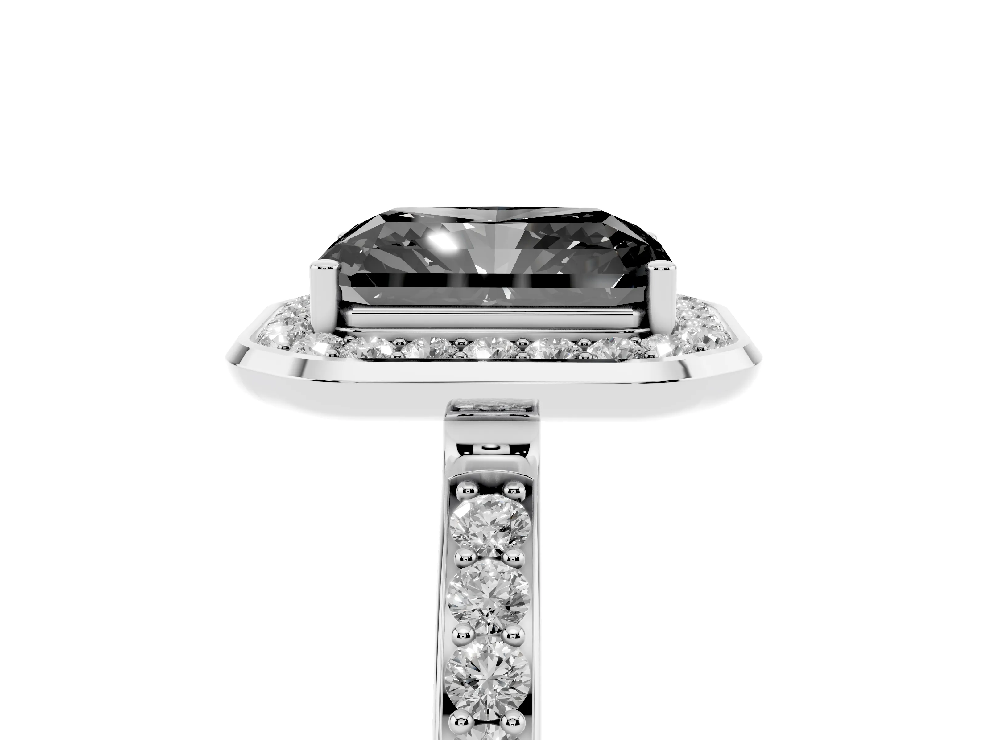 Fancy Black Radiant Cut Diamond Halo Ring Set in Platinum with Bezel Frame and Pavé Band