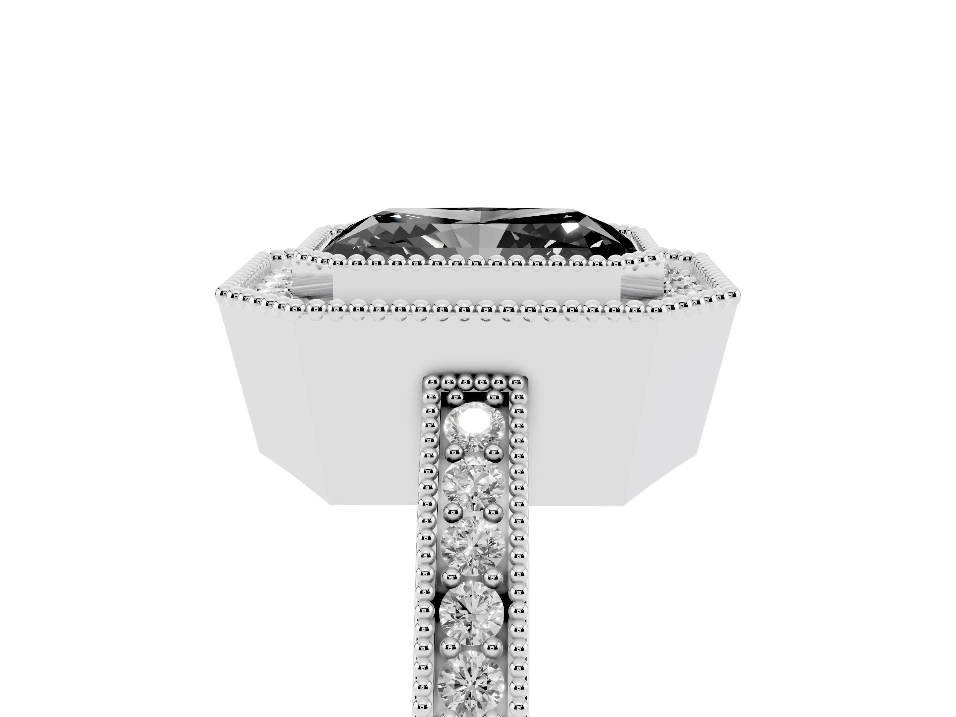 Fancy Black Radiant Cut Diamond Round Halo Ring Set in White gold with Pavé Band