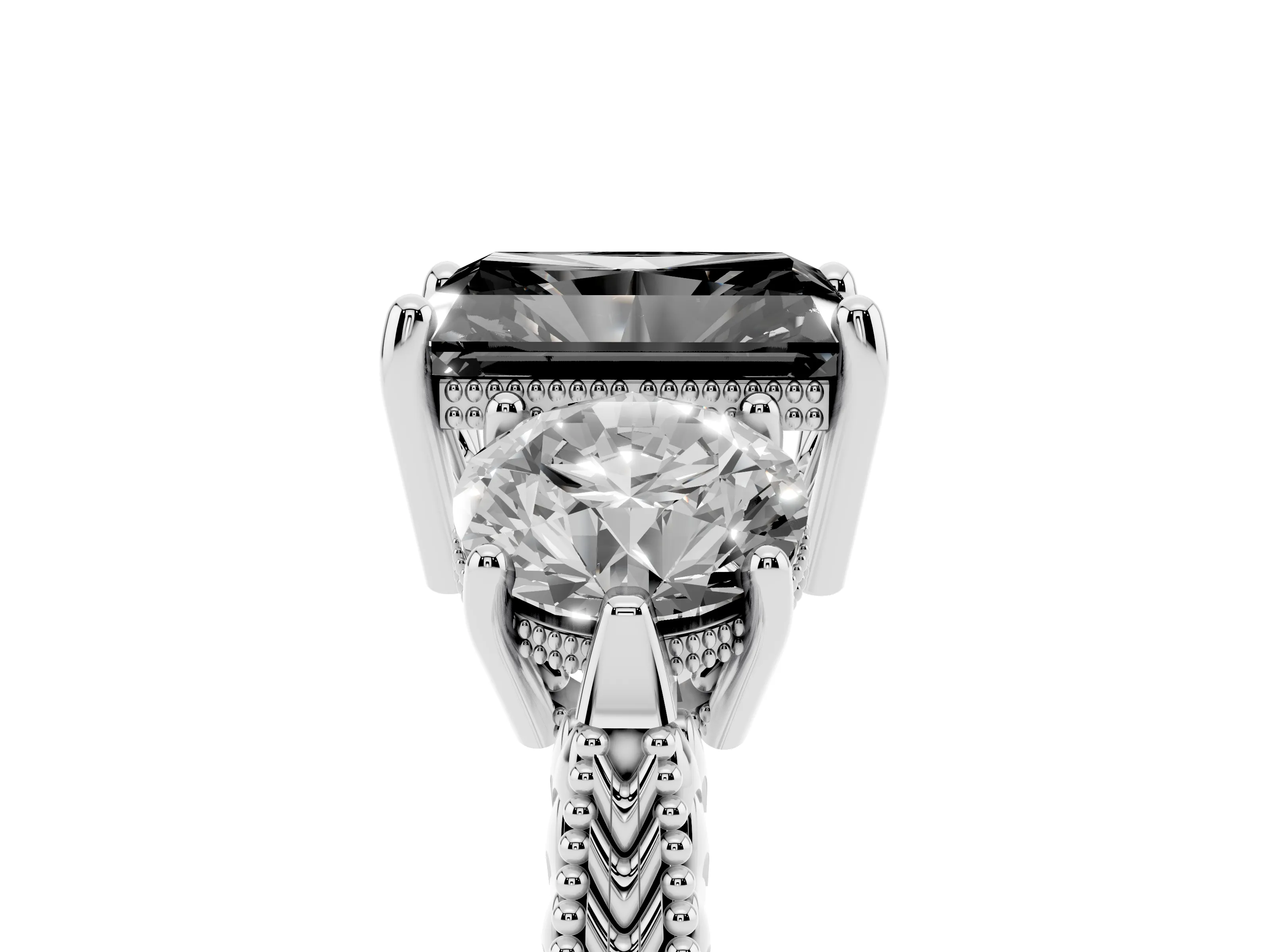 Fancy Black Radiant Cut Diamond Three-Stone Ring Set in White gold with Milgrain Band